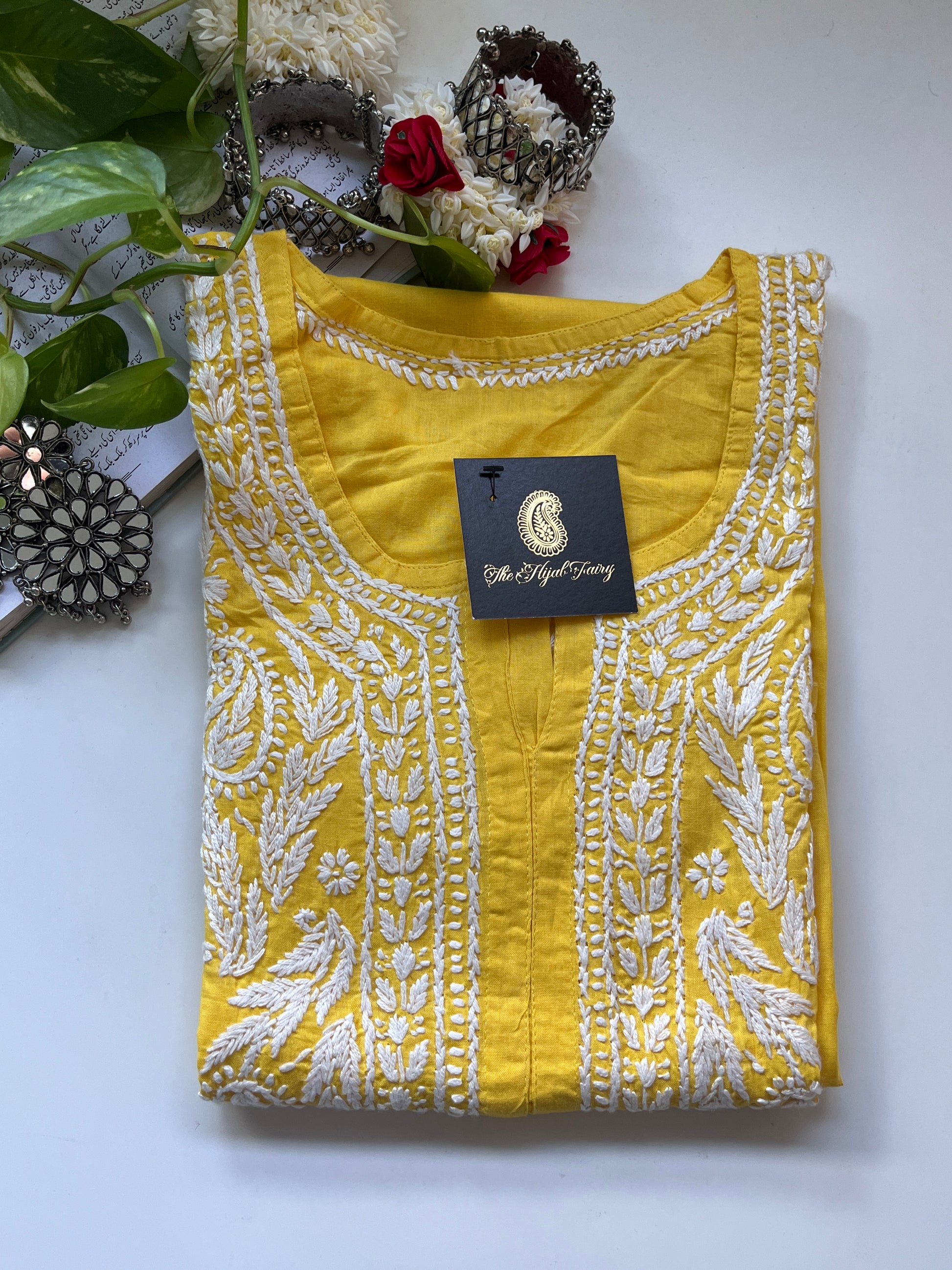 White on Yellow - Cotton Kurta - The Hijab Fairy