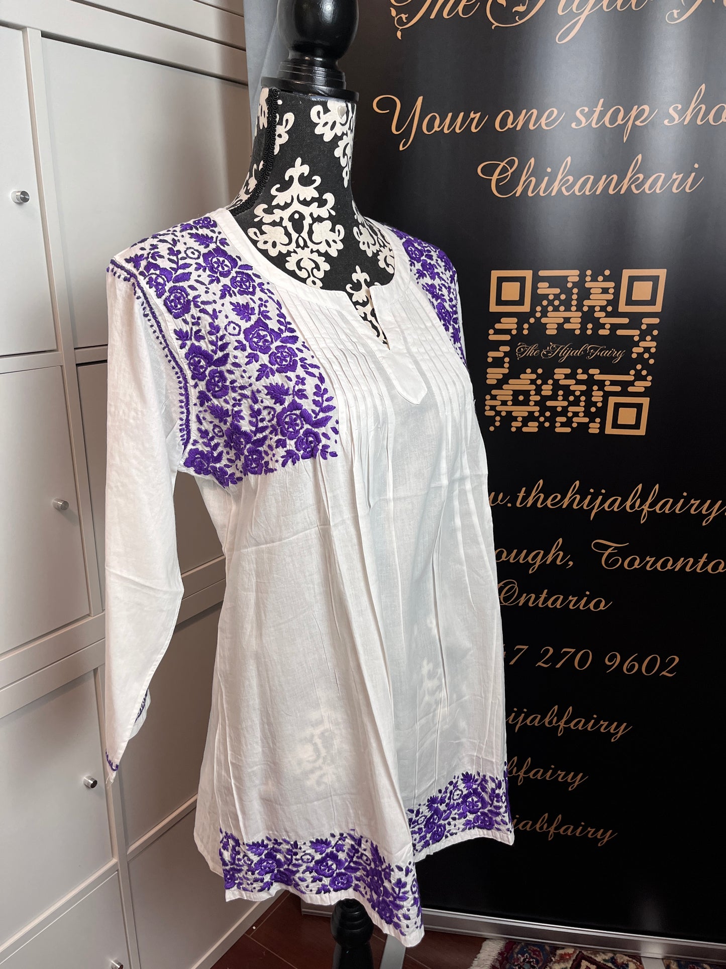 Purple on White - Short Cotton Chikankari Top - A