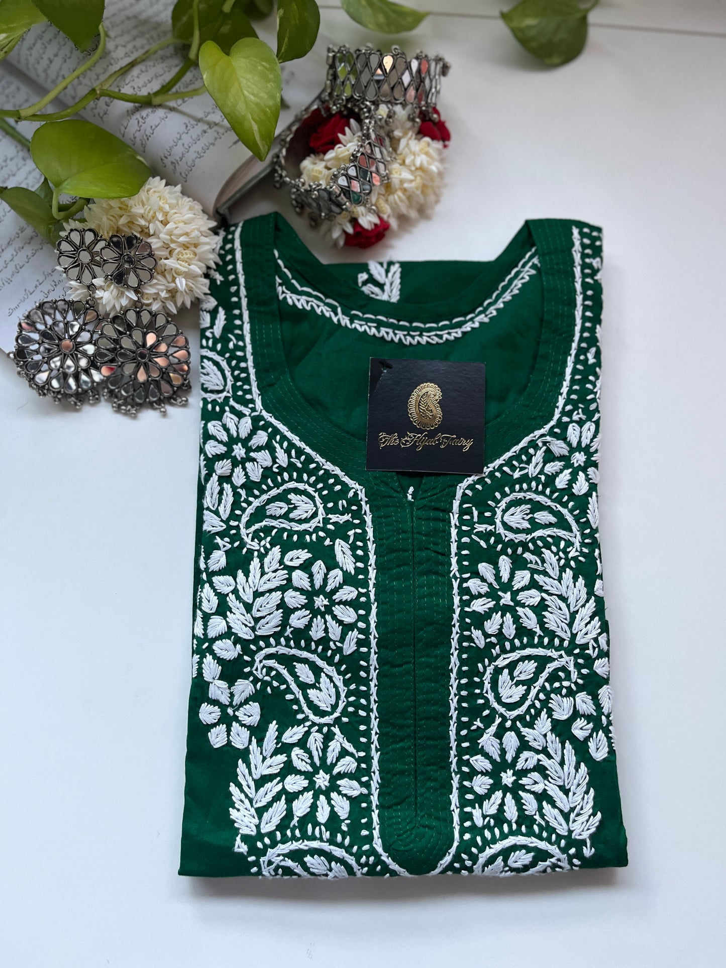 White on Dark Green - Cotton Kurta