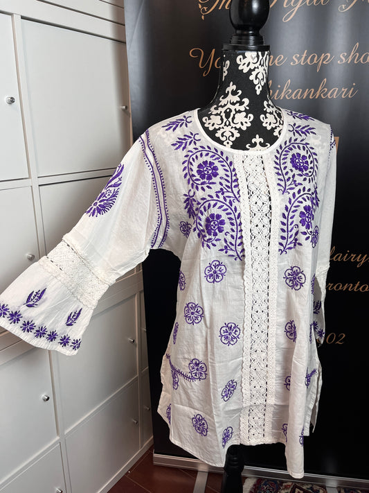 Purple on White - Short Cotton Chikankari Top - C