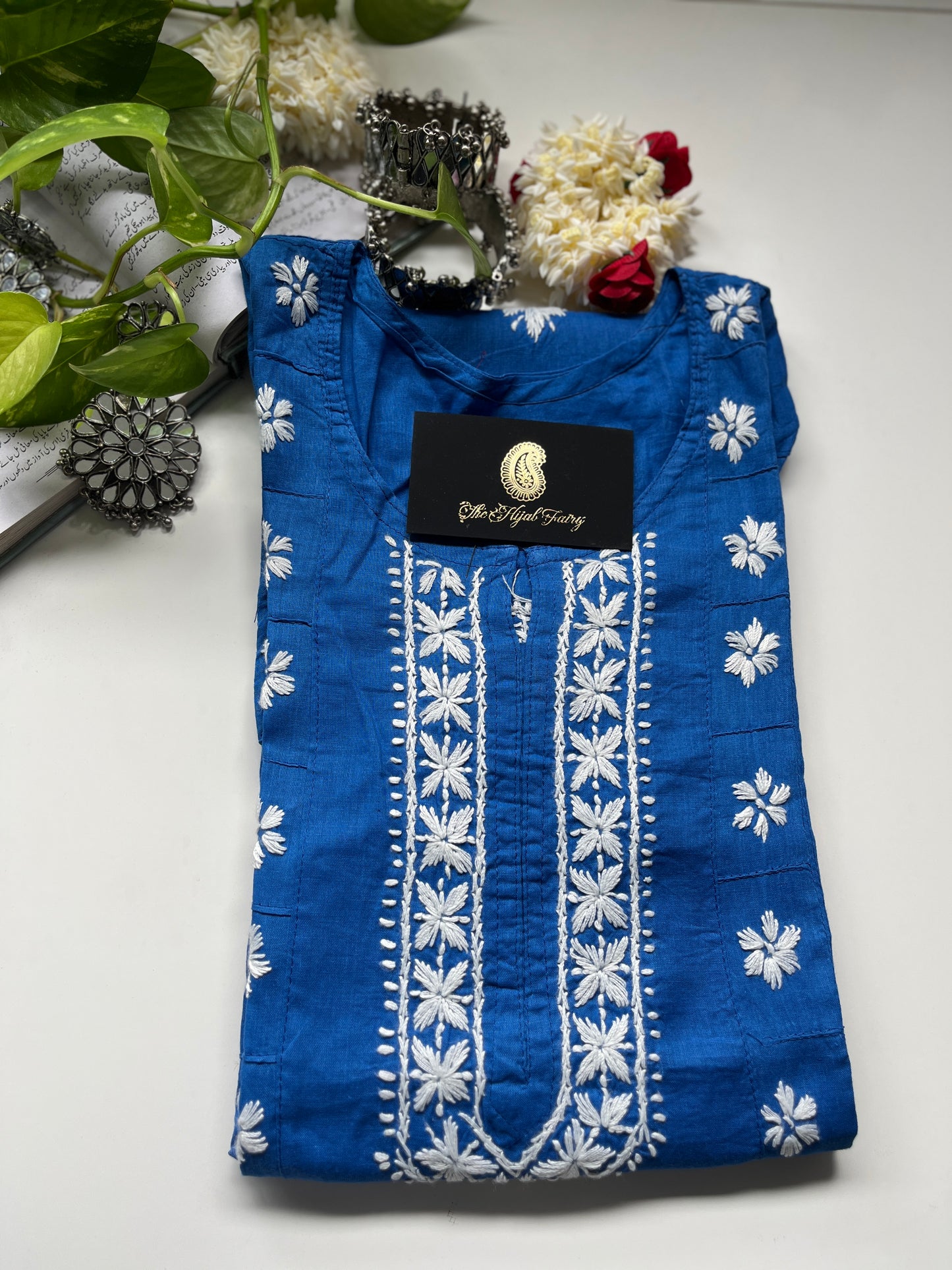 Blanc sur bleu 1- Kurta en coton