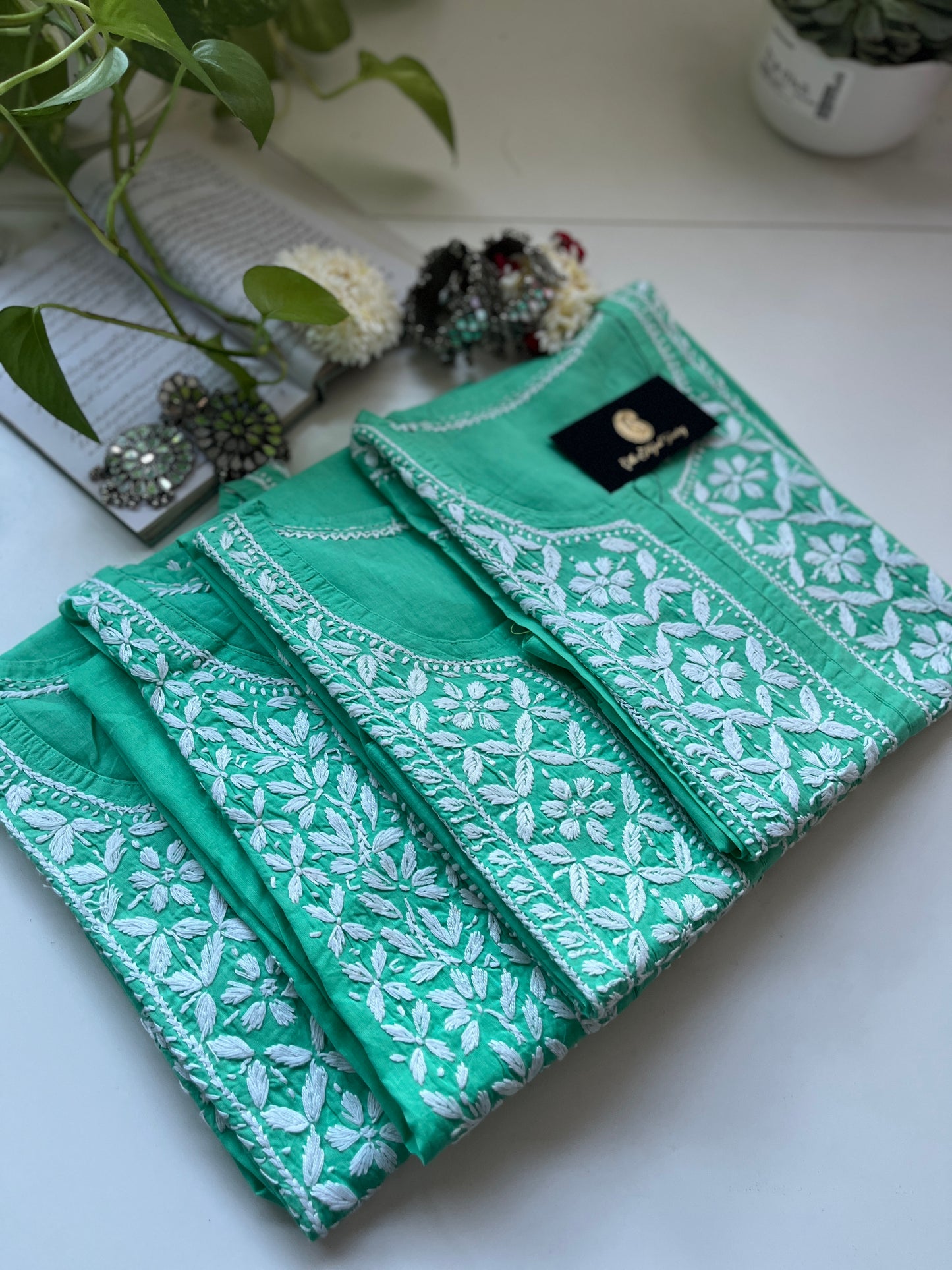 Blanc sur Vert Aqua - Kurta en Coton