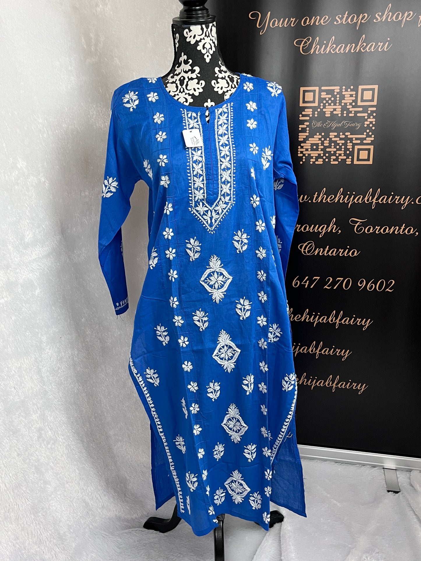 White on Blue 1 - Cotton Kurta