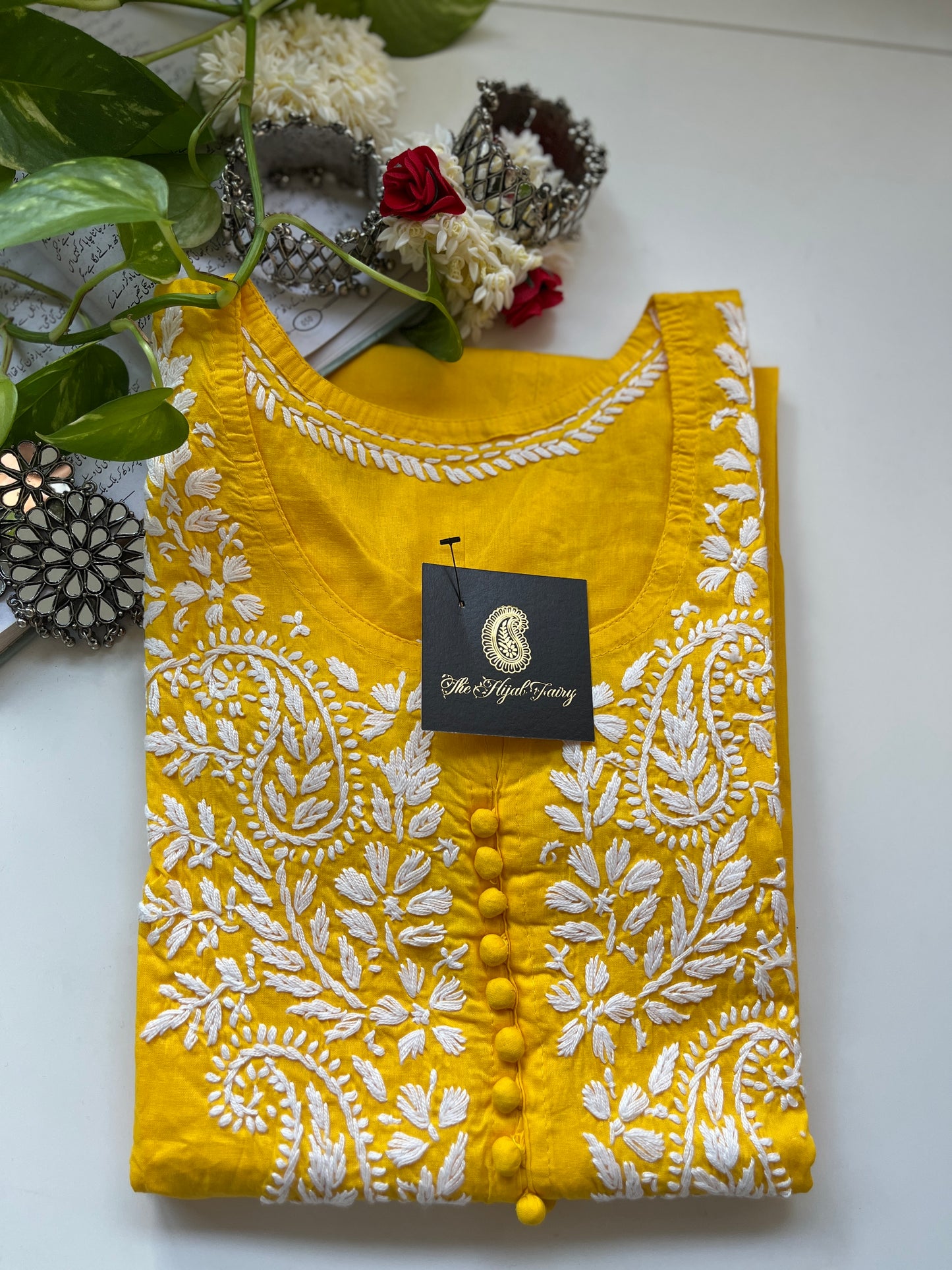 Blanc sur Jaune Mangue - Kurta en Coton