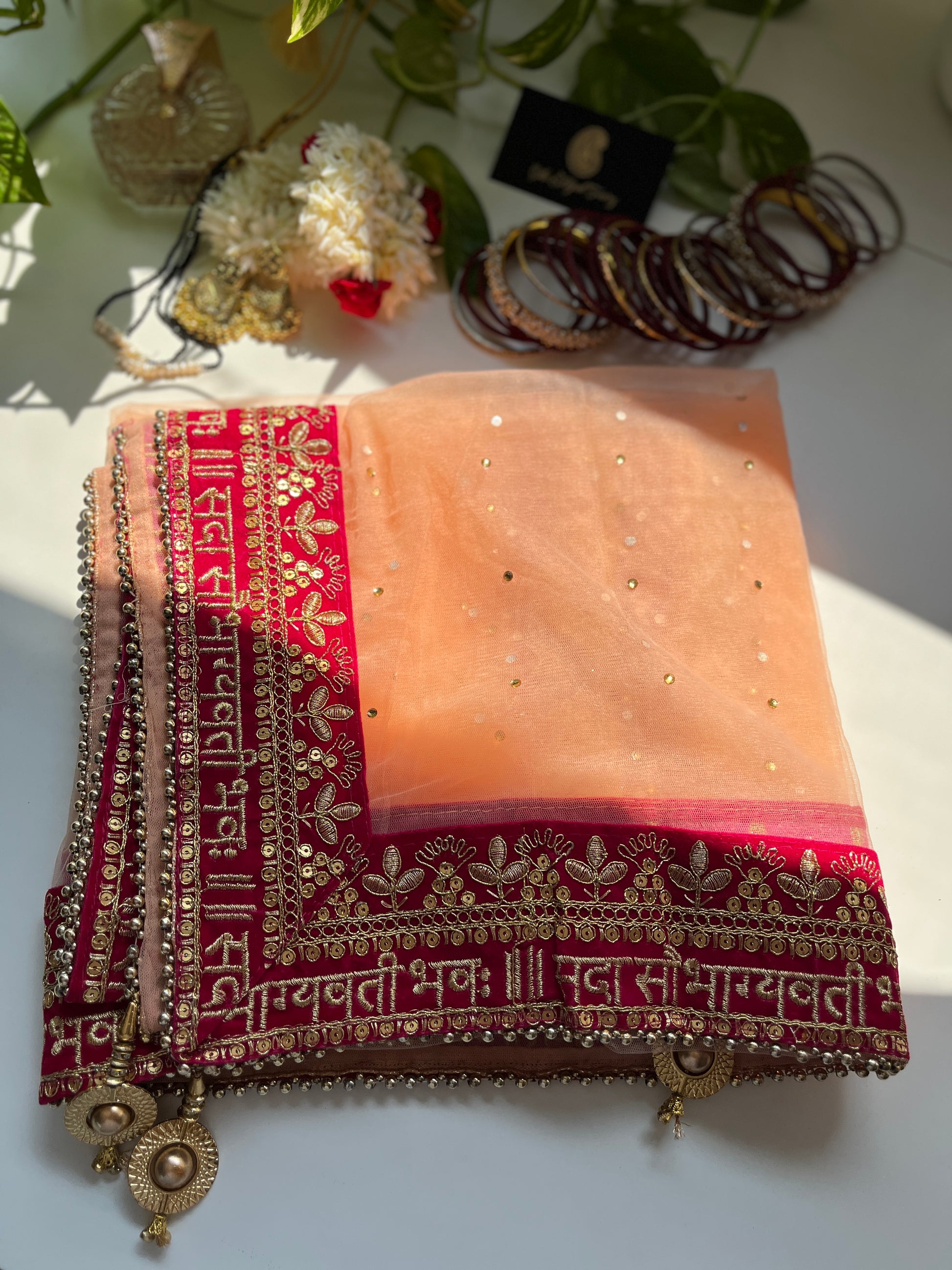 Bridal Dupatta - सदा सौभाग्यवती भव: - Peach - The Hijab Fairy