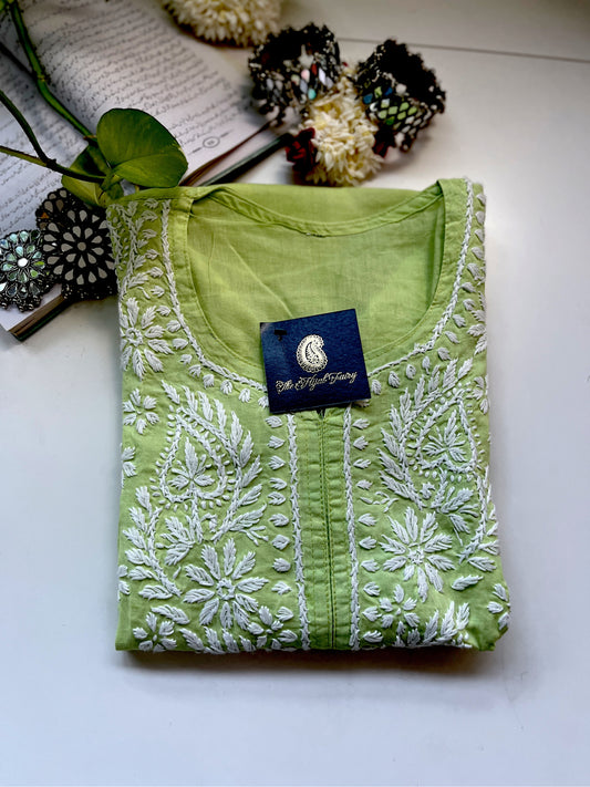 White on Light Green - Cotton Kurta