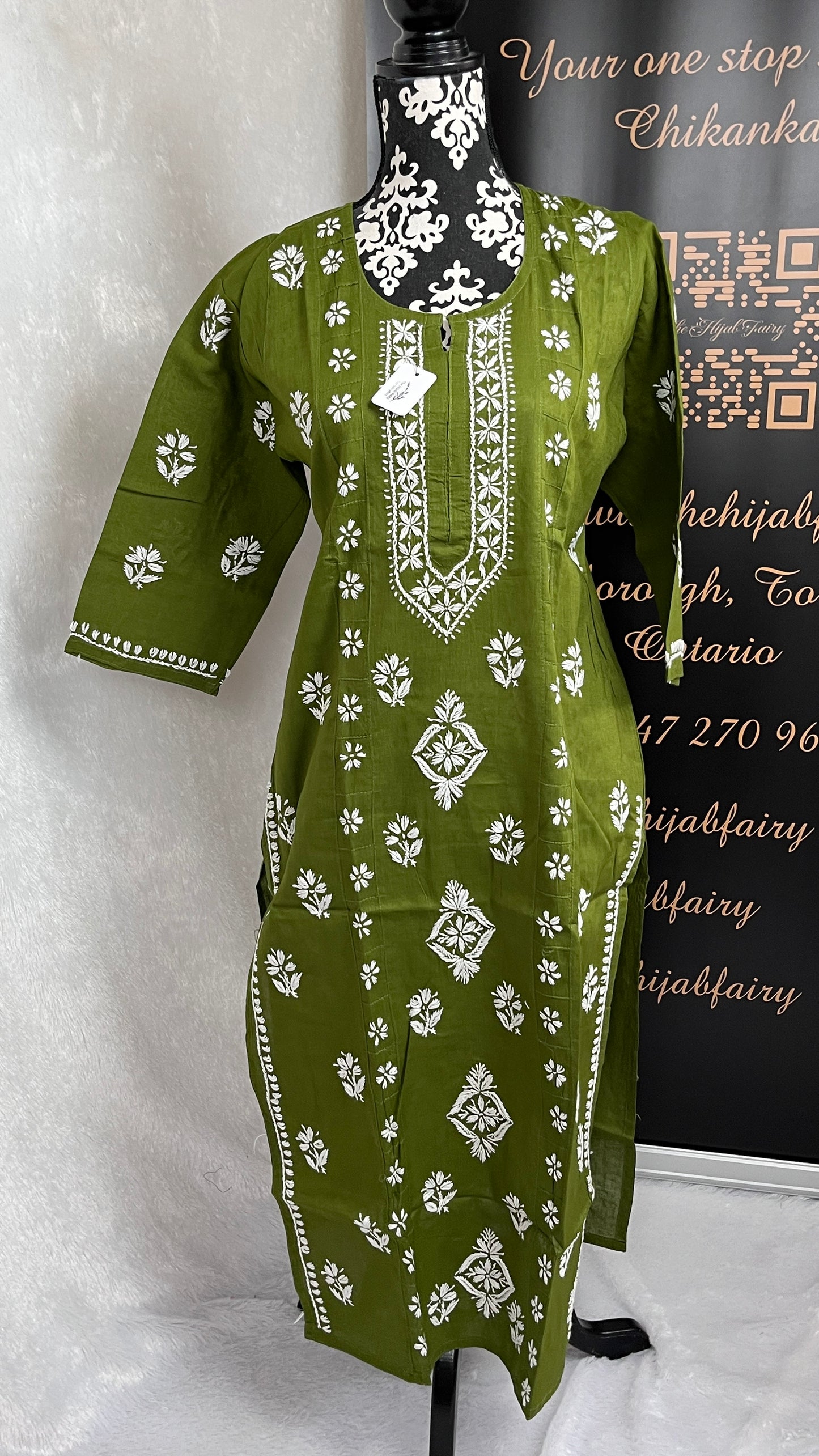 White on Moss Green - Cotton Kurta - The Hijab Fairy