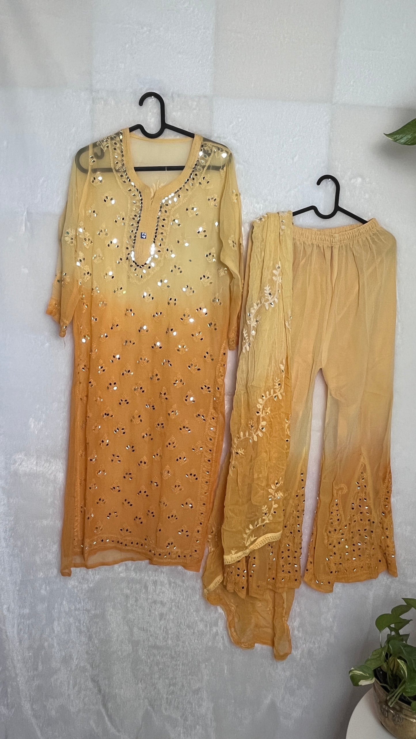 Chikankari Mirror Sharara Suit Georgette - 4 pc - Mango Ombre - The Hijab Fairy