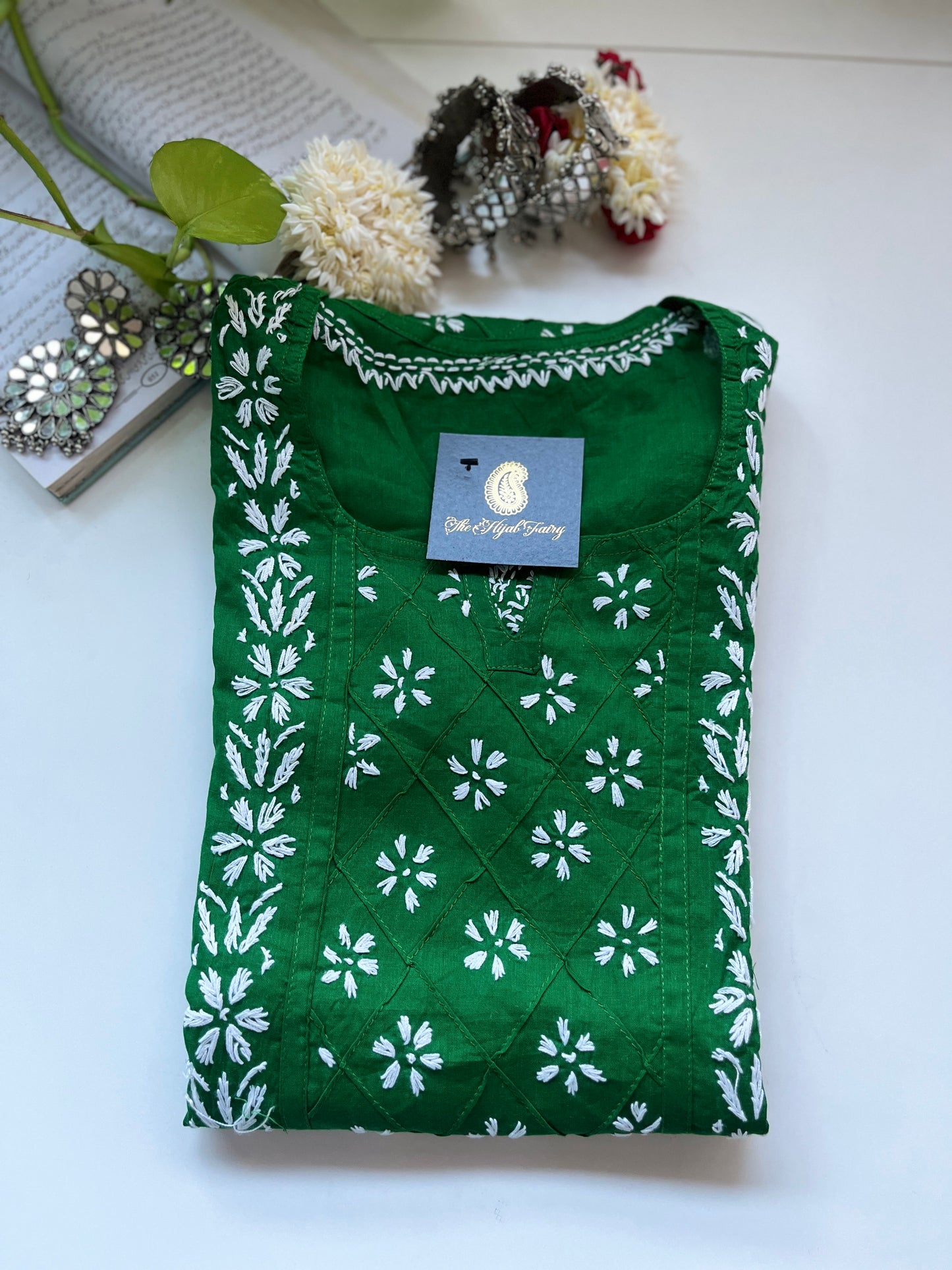 White on Leaf Green - Cotton Kurta