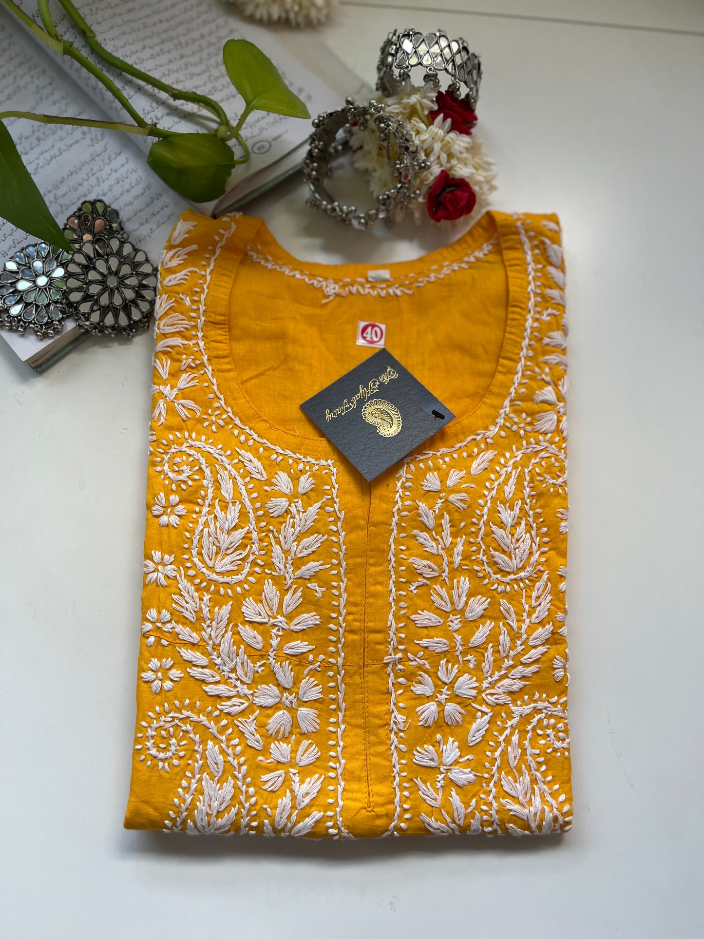 Blanc sur Jaune Mangue - Kurta en Coton