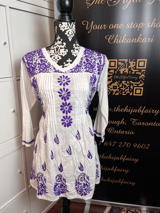 Purple on White - Short Cotton Chikankari Top - B