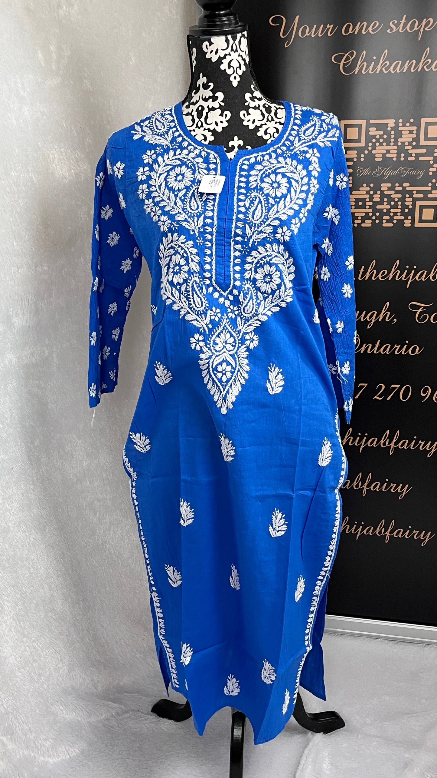 White on Blue 1 - Cotton Kurta