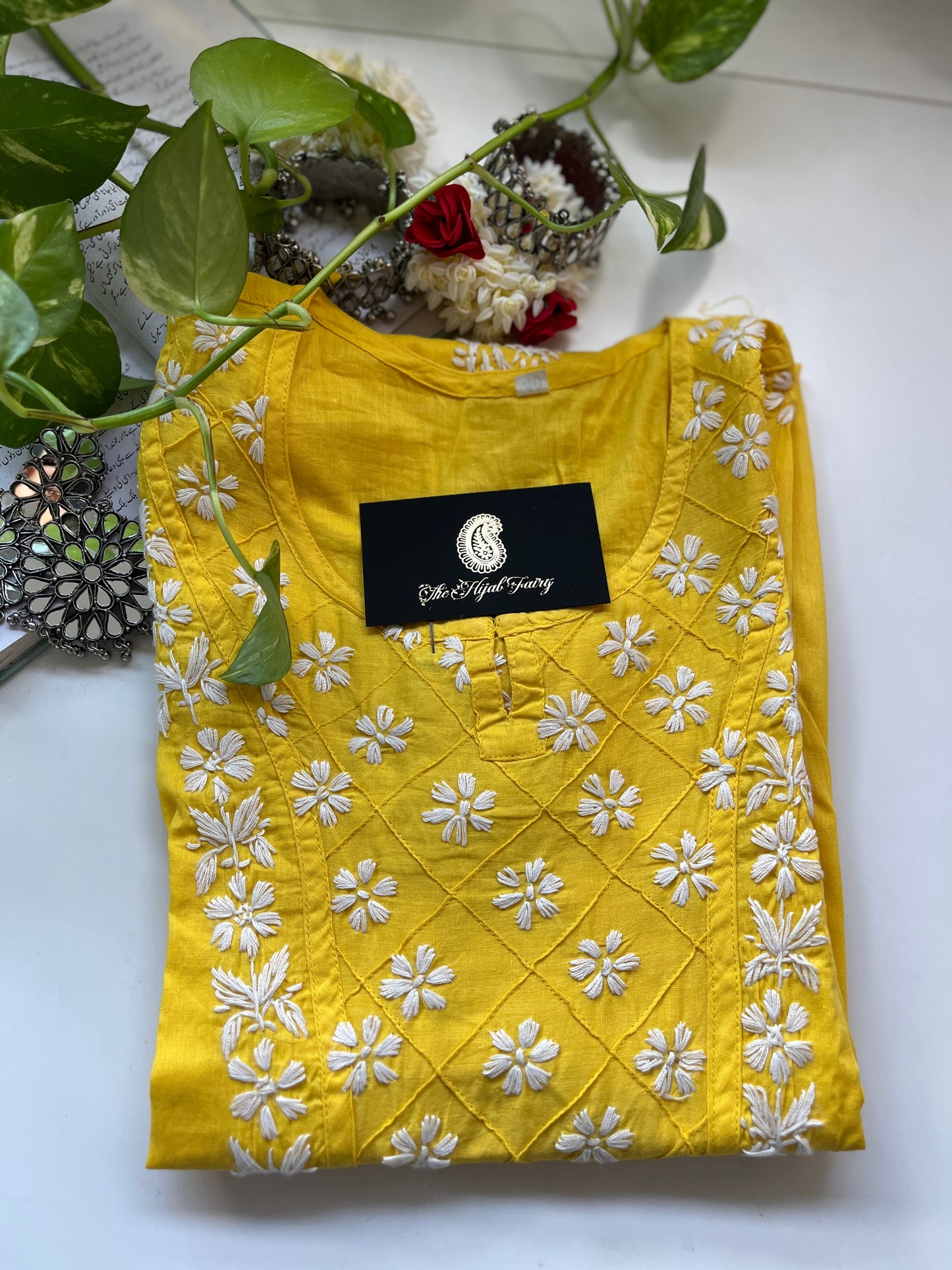 White on Yellow - Cotton Kurta - The Hijab Fairy