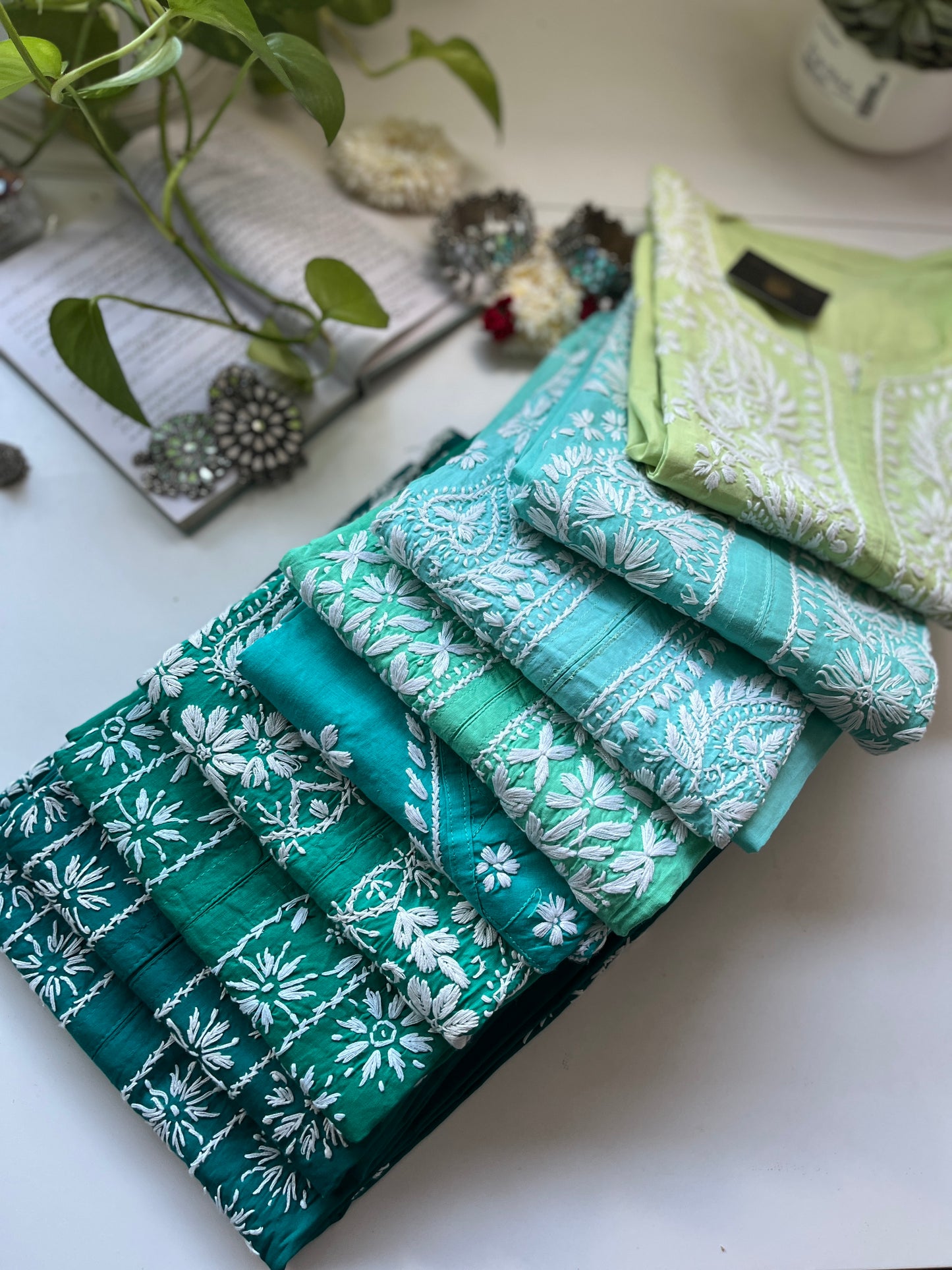 White on Light Green - Cotton Kurta