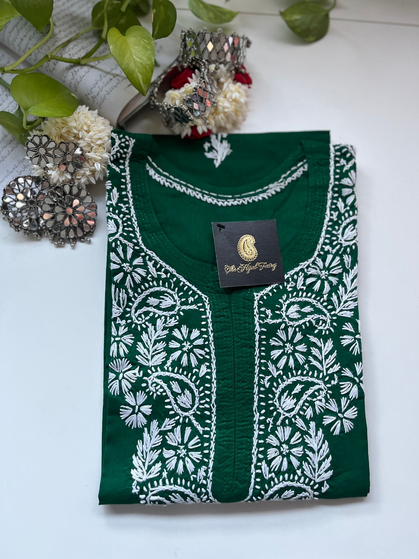 White on Dark Green - Cotton Kurta