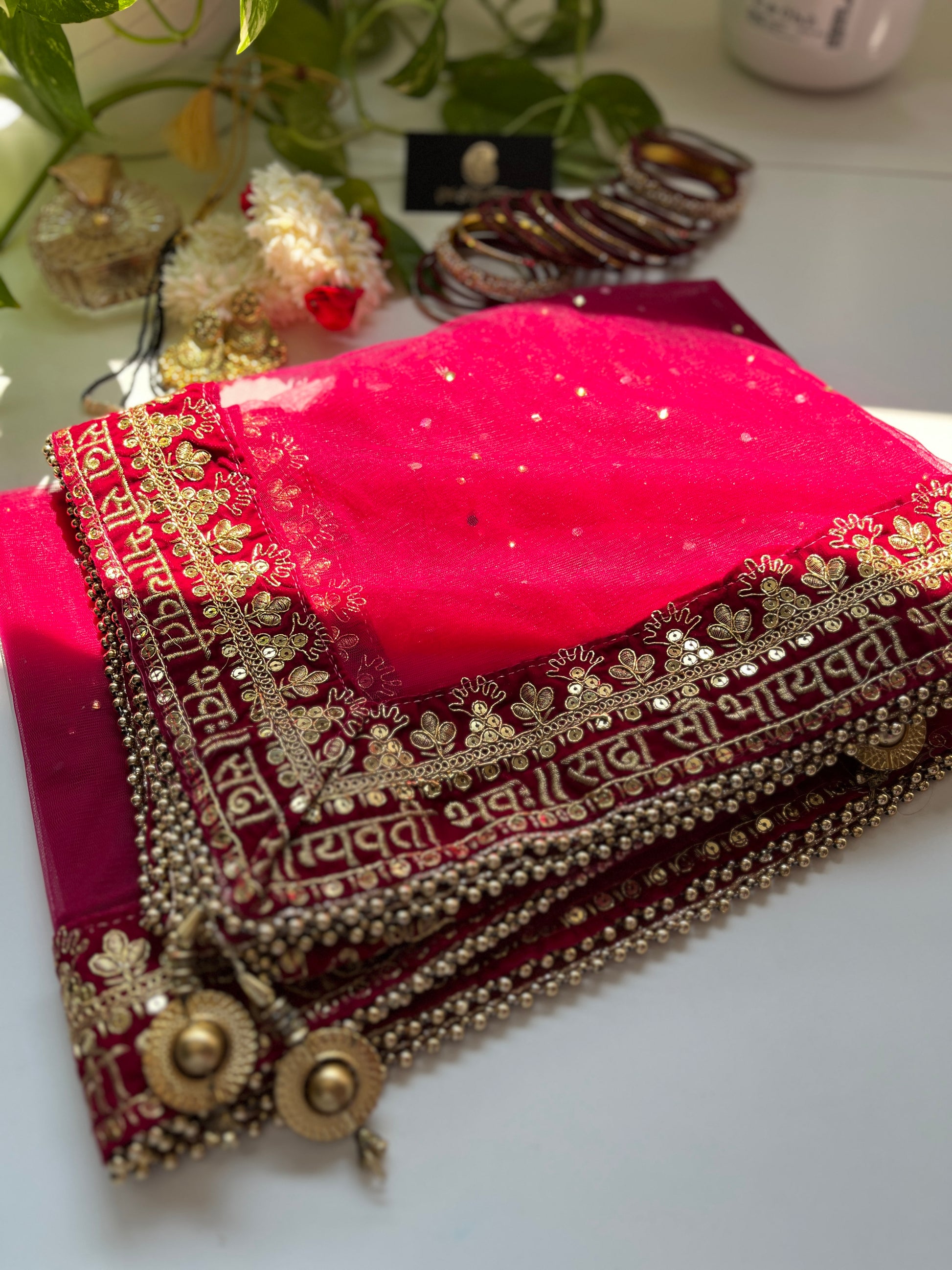 Bridal Dupatta - सदा सौभाग्यवती भव: - Pink - The Hijab Fairy