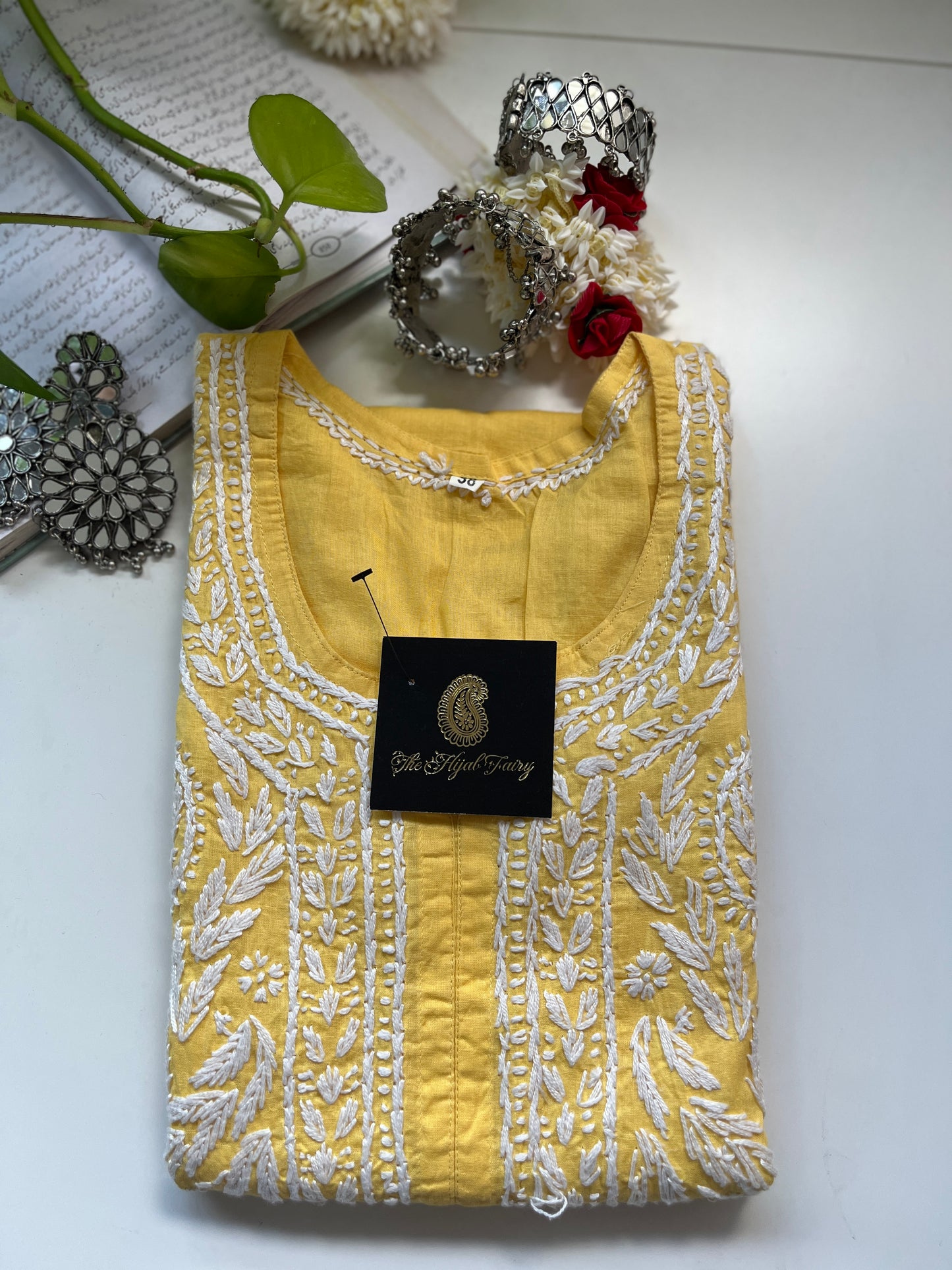 Blanc sur jaune clair - Kurta en coton