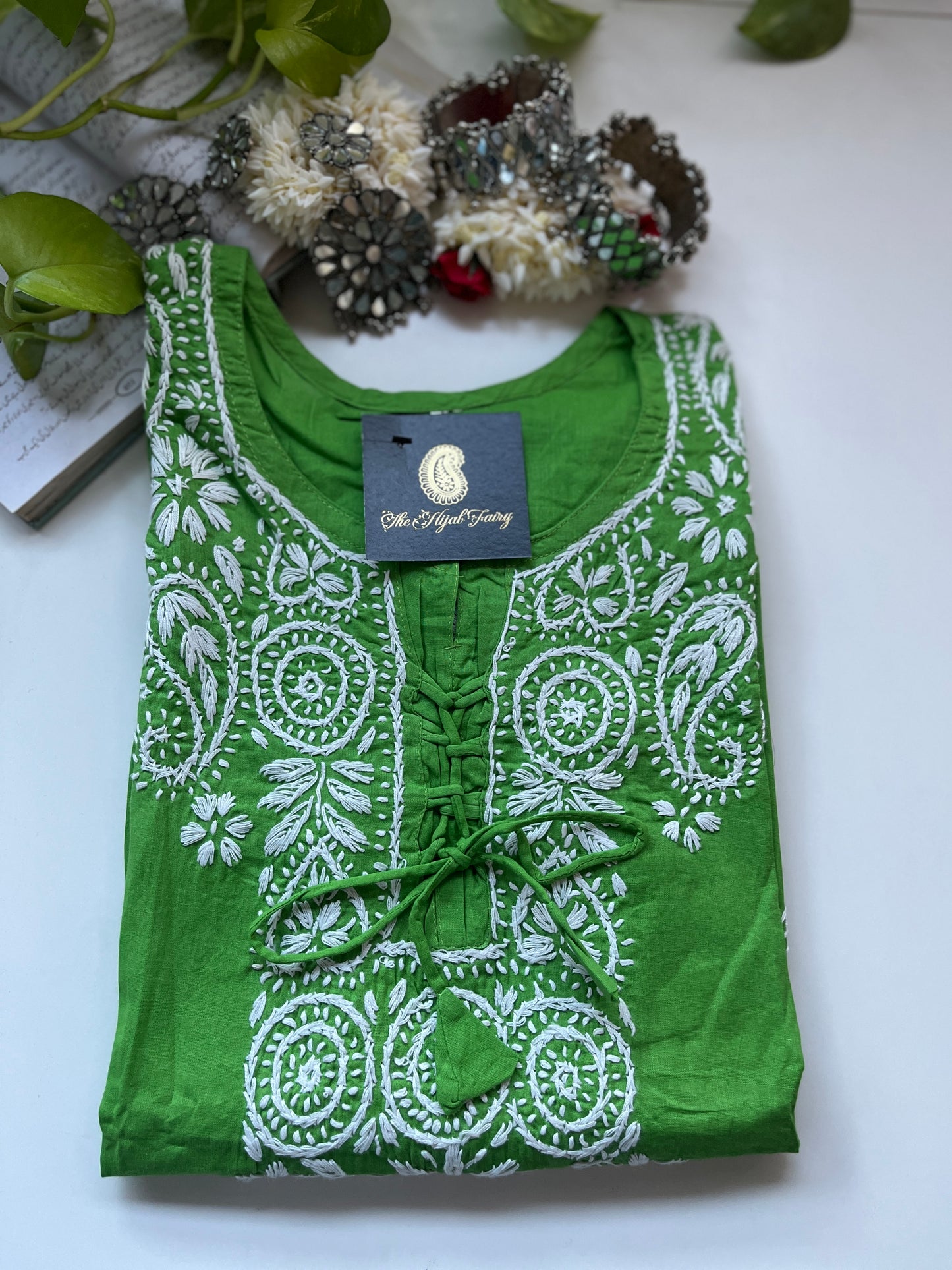 Blanc sur vert Kajol - Kurta en coton