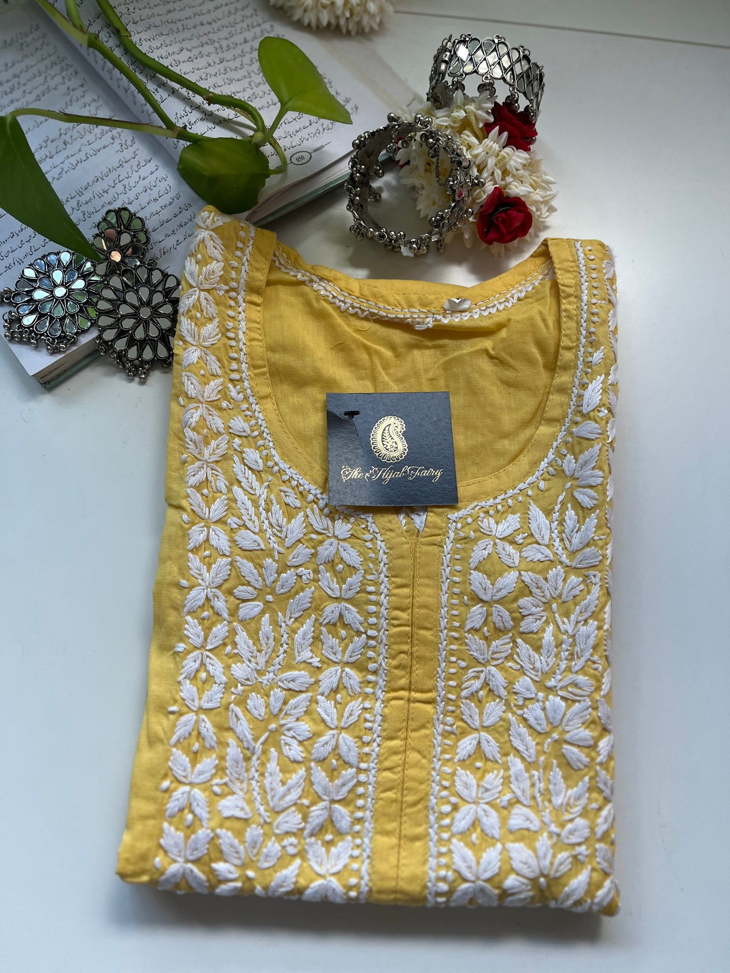 Blanc sur jaune clair - Kurta en coton