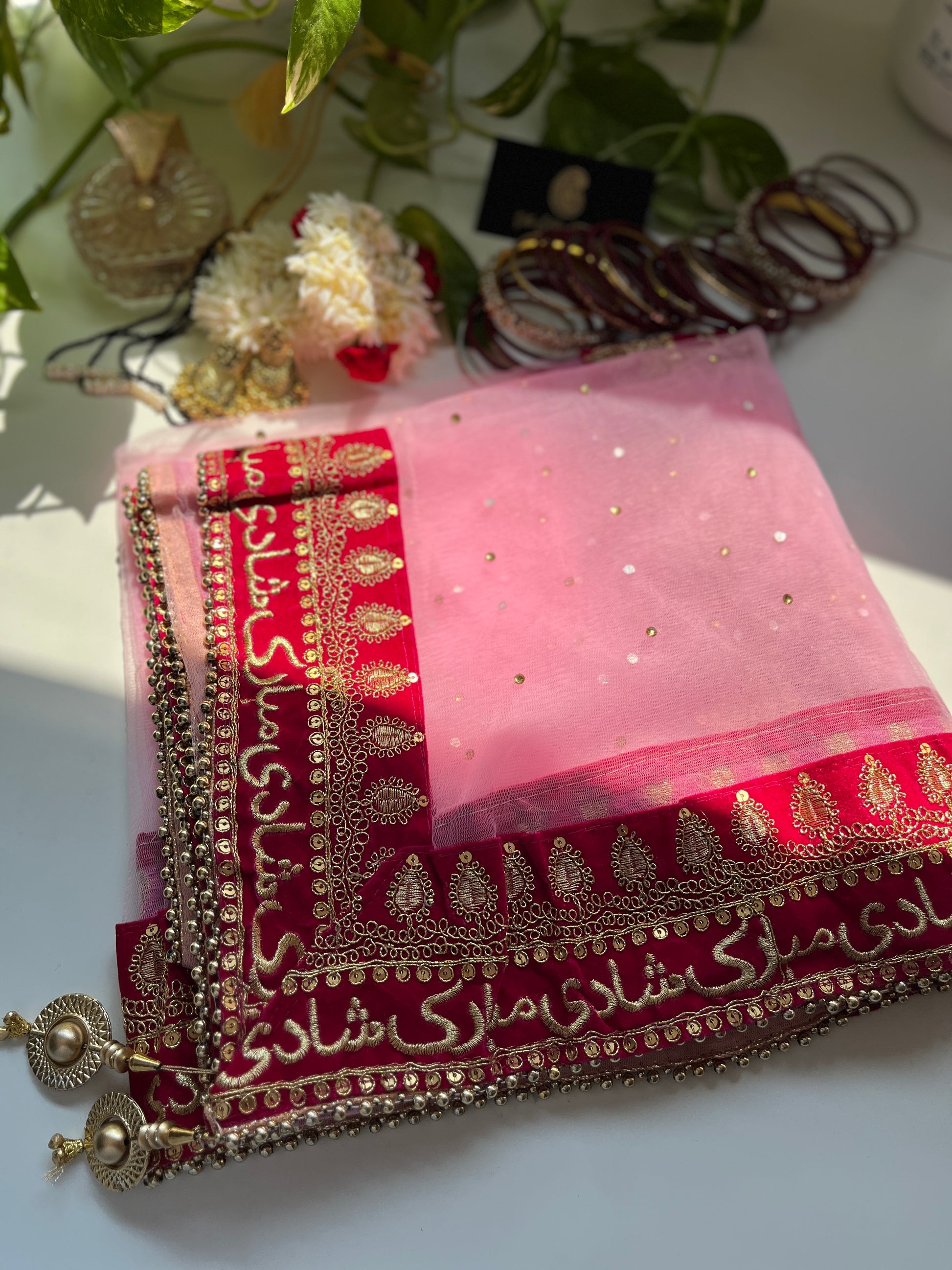 Bridal Dupatta - شادی مبارک - Pink - The Hijab Fairy