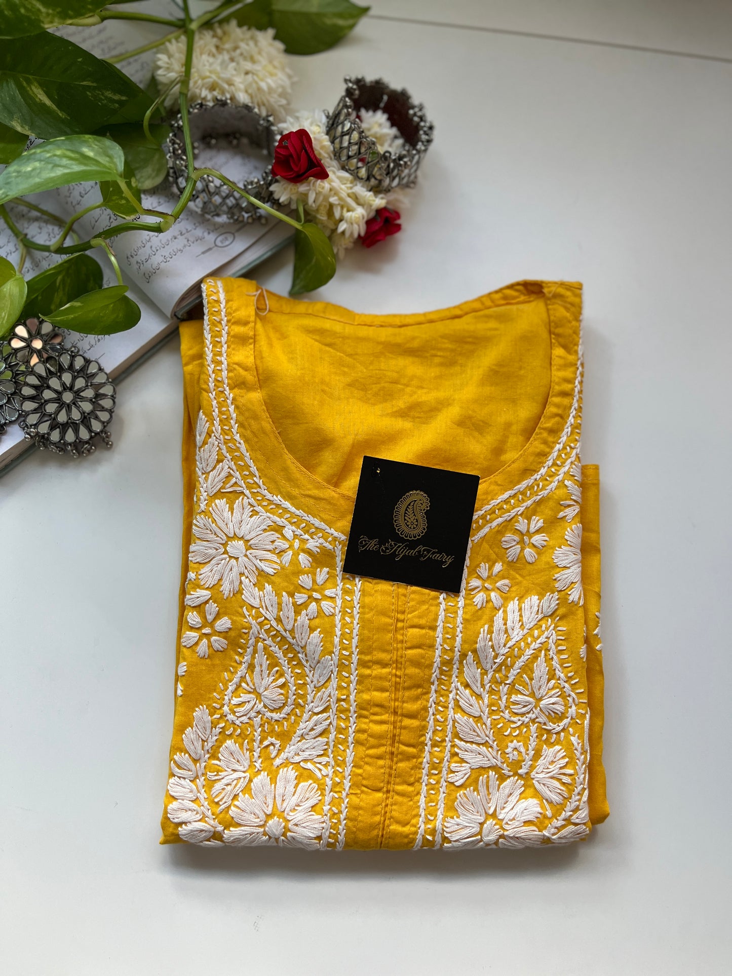 Blanc sur Jaune Mangue - Kurta en Coton