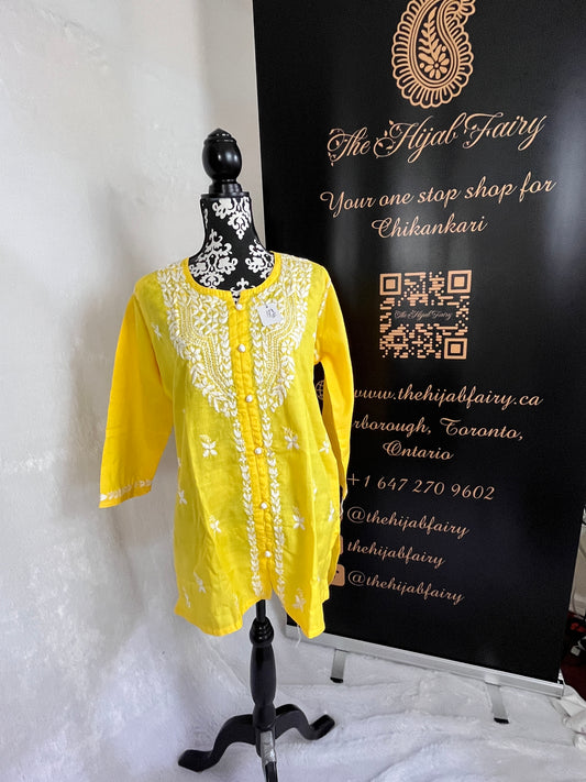 Bouton au crochet jaune - Haut court Chikankari en coton