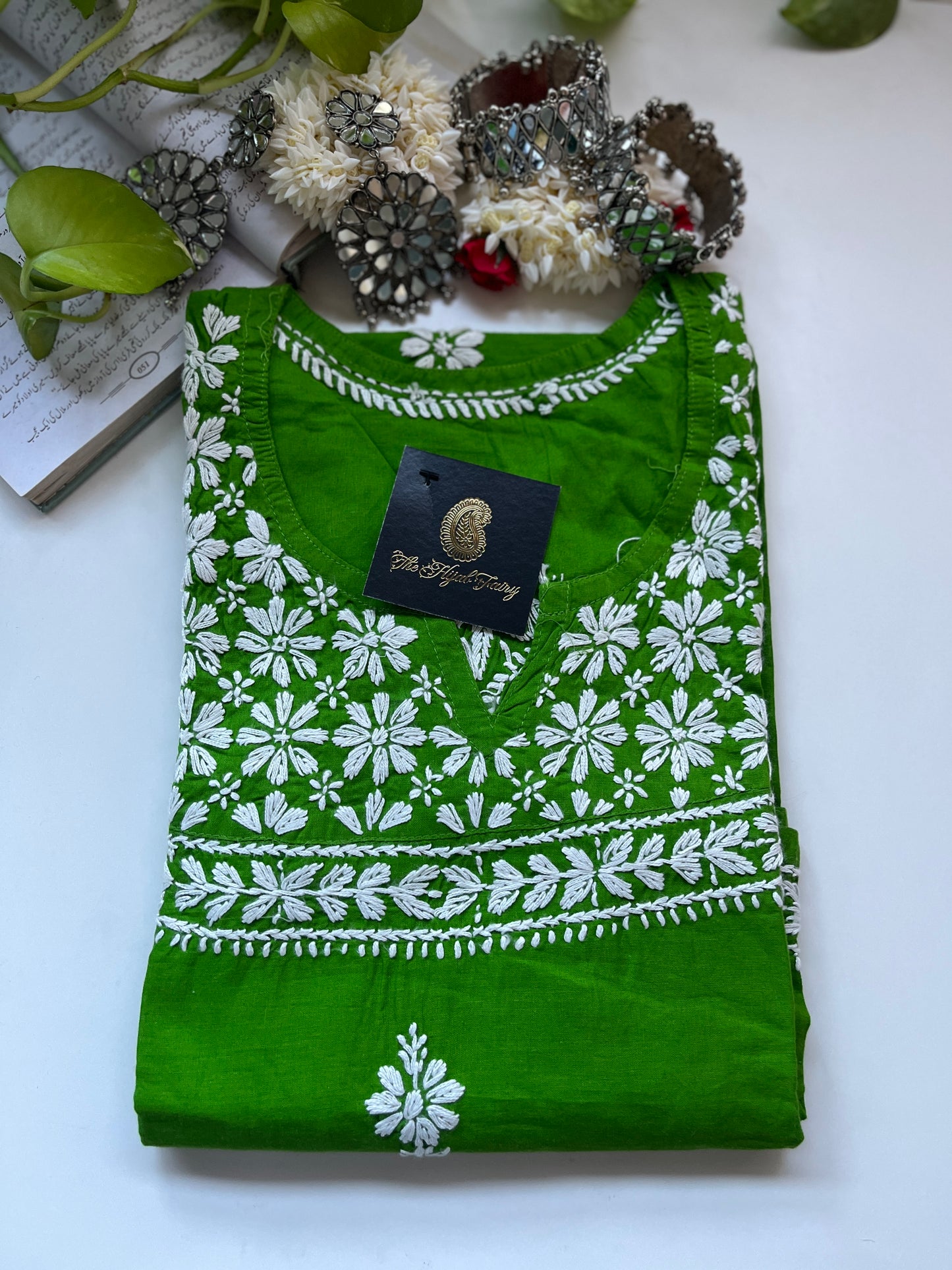 Blanc sur vert Kajol - Kurta en coton