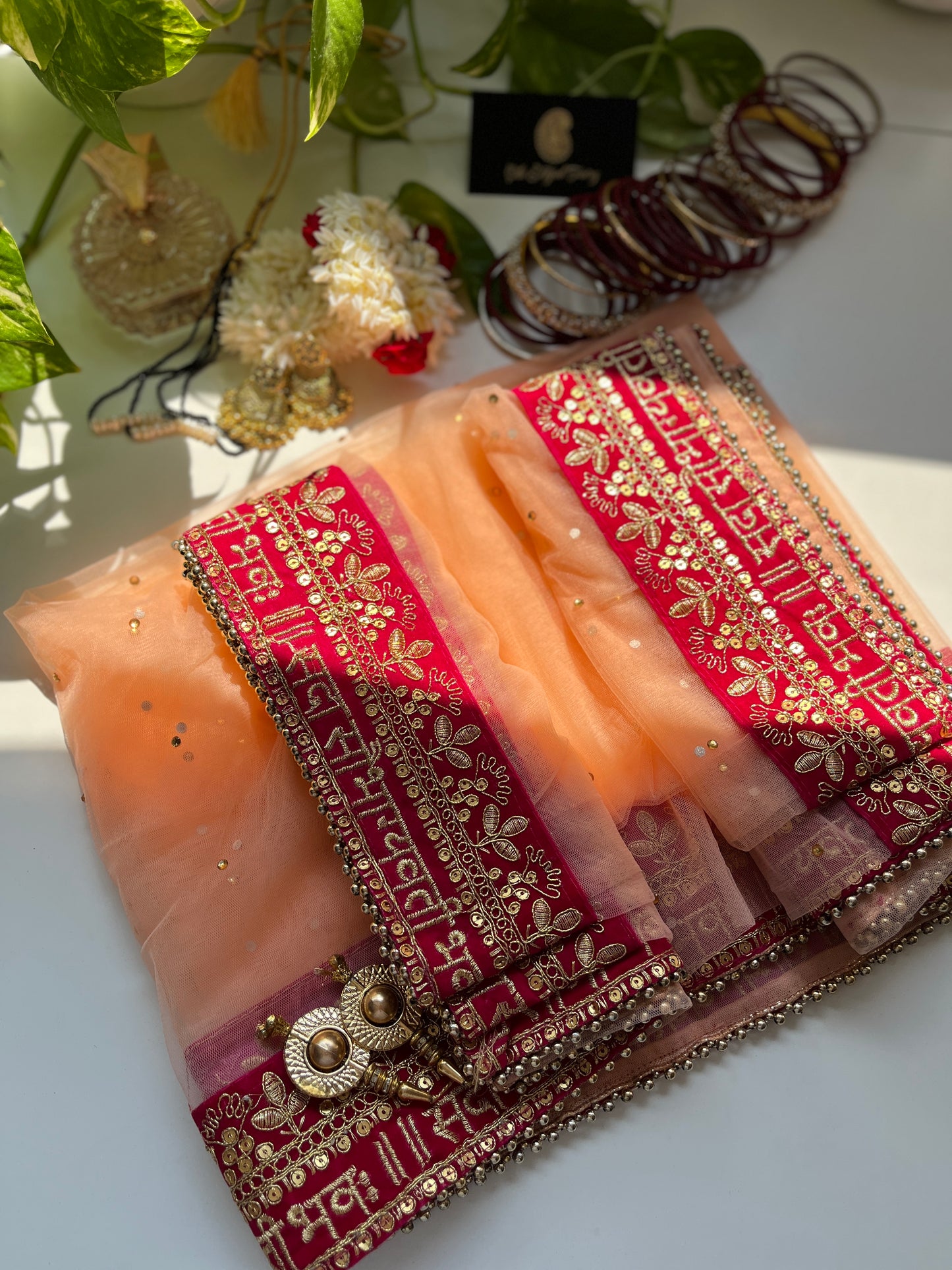 Bridal Dupatta - सदा सौभाग्यवती भव: - Peach - The Hijab Fairy