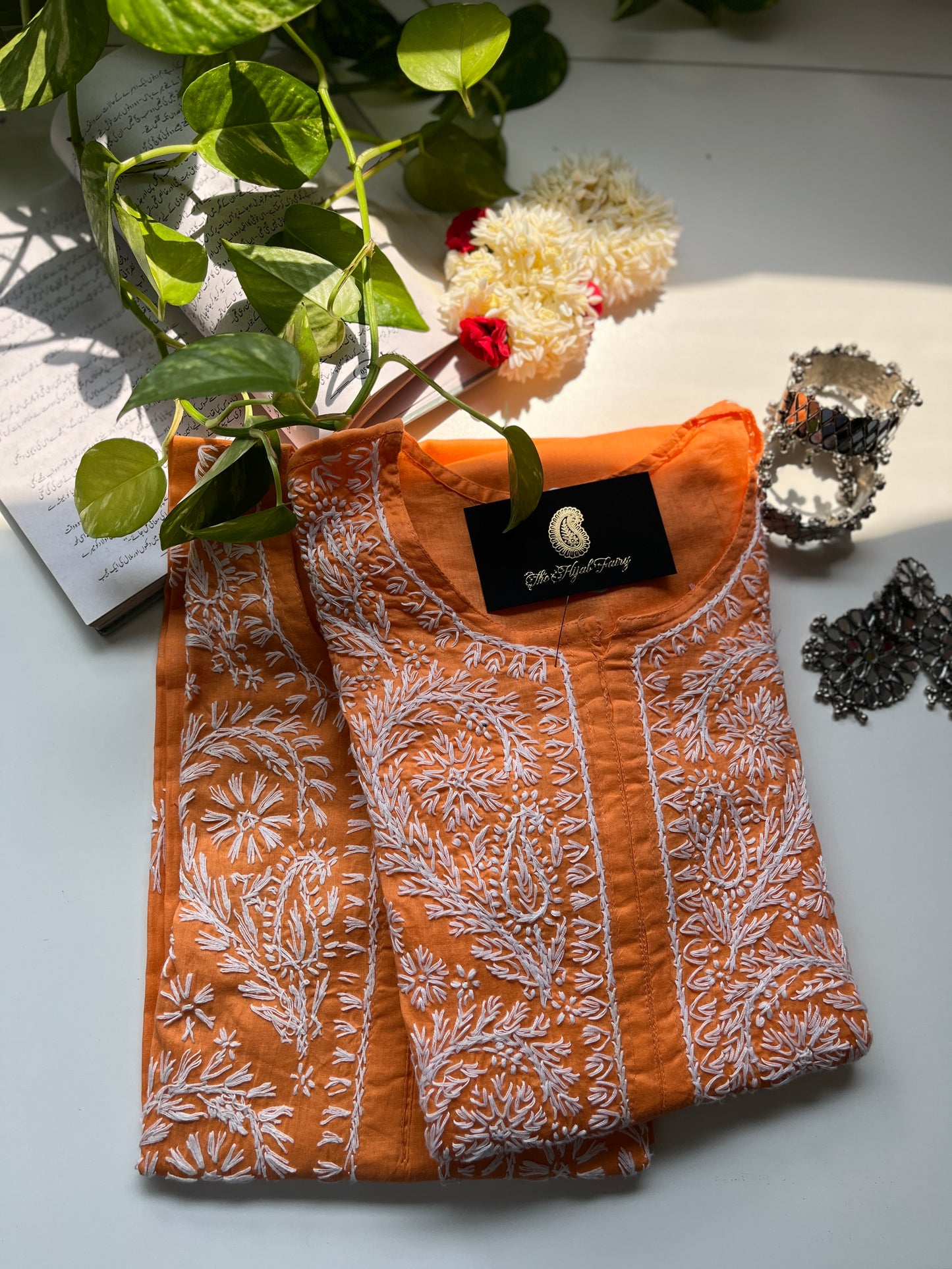 Blanc sur Orange - Kurta en coton