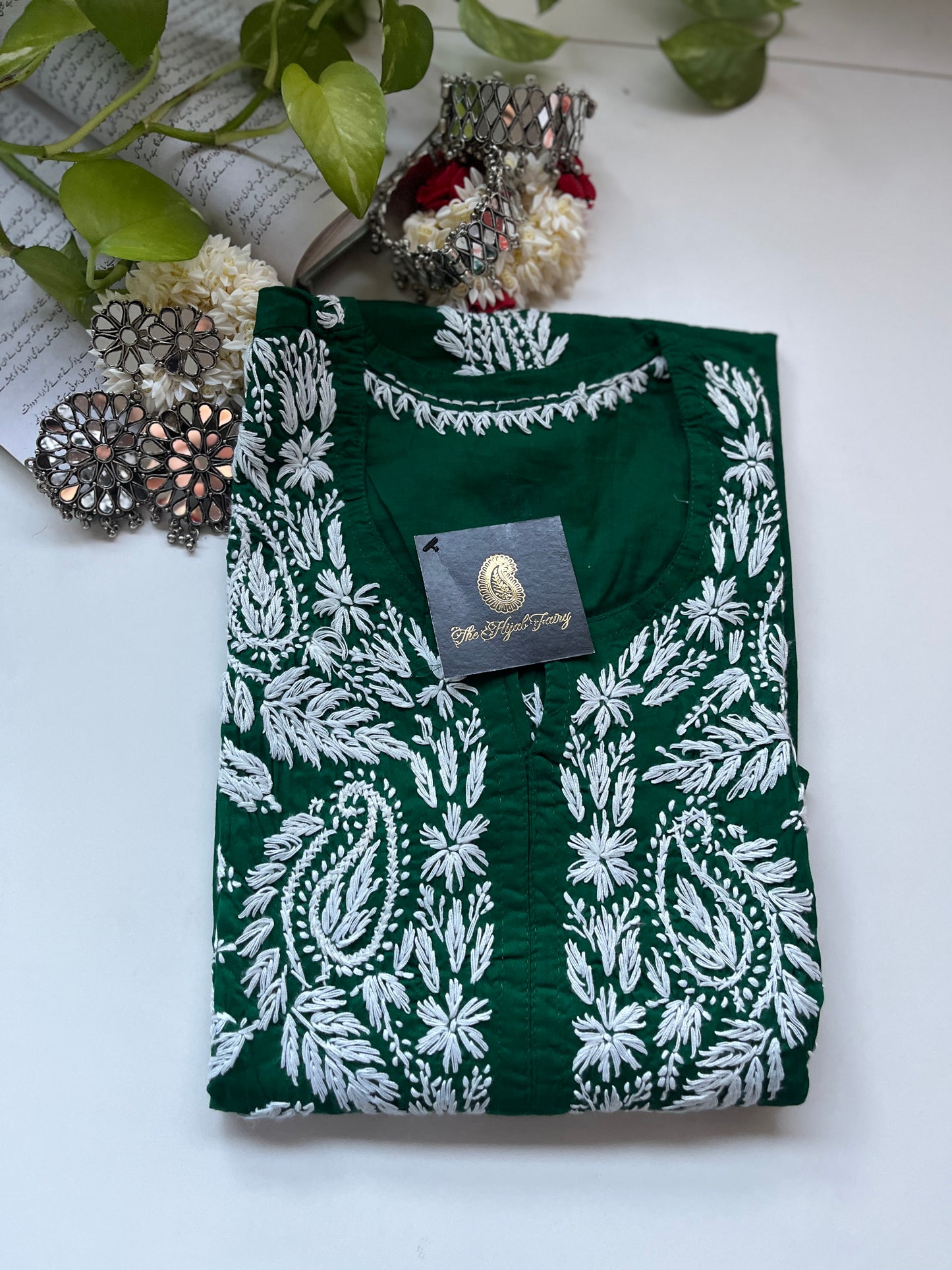 Blanc sur vert foncé - Kurta en coton