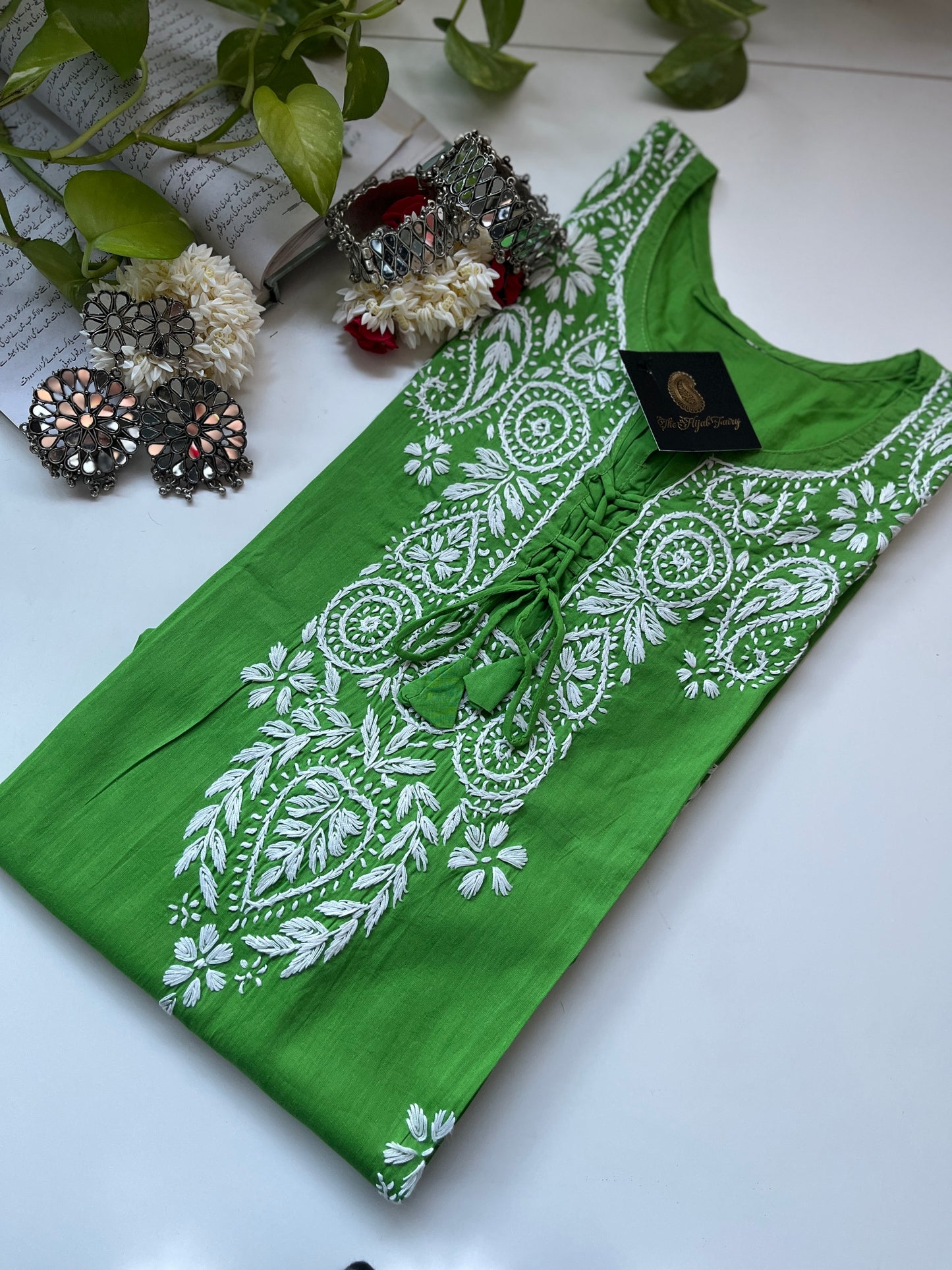 Blanc sur vert Kajol - Kurta en coton