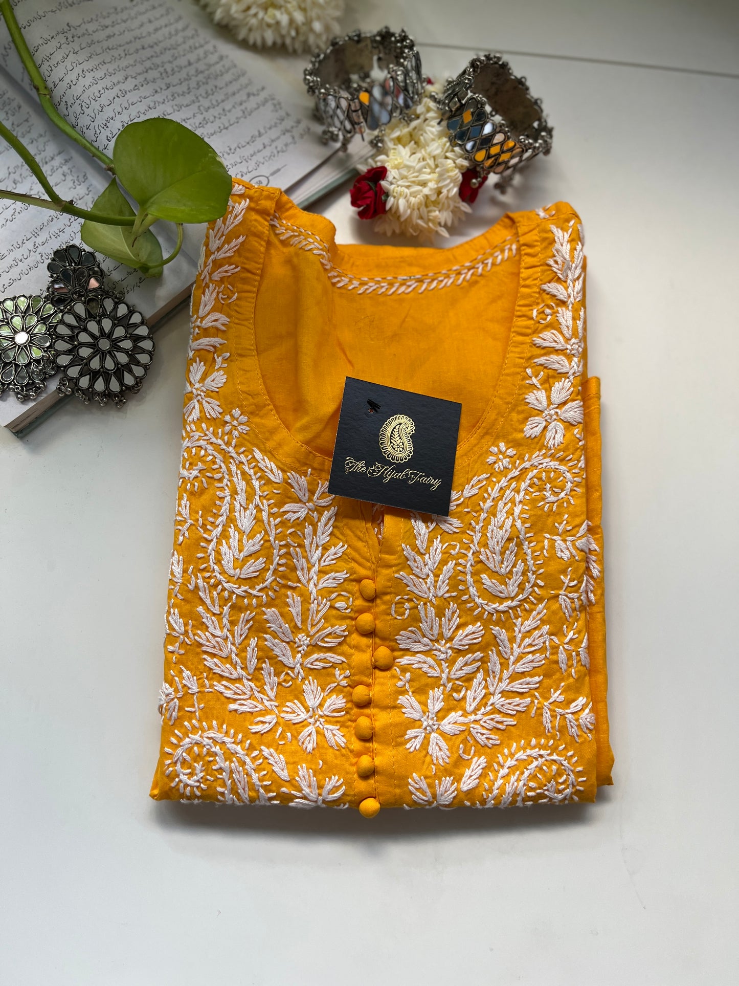 Blanc sur jaune safran - Kurta en coton