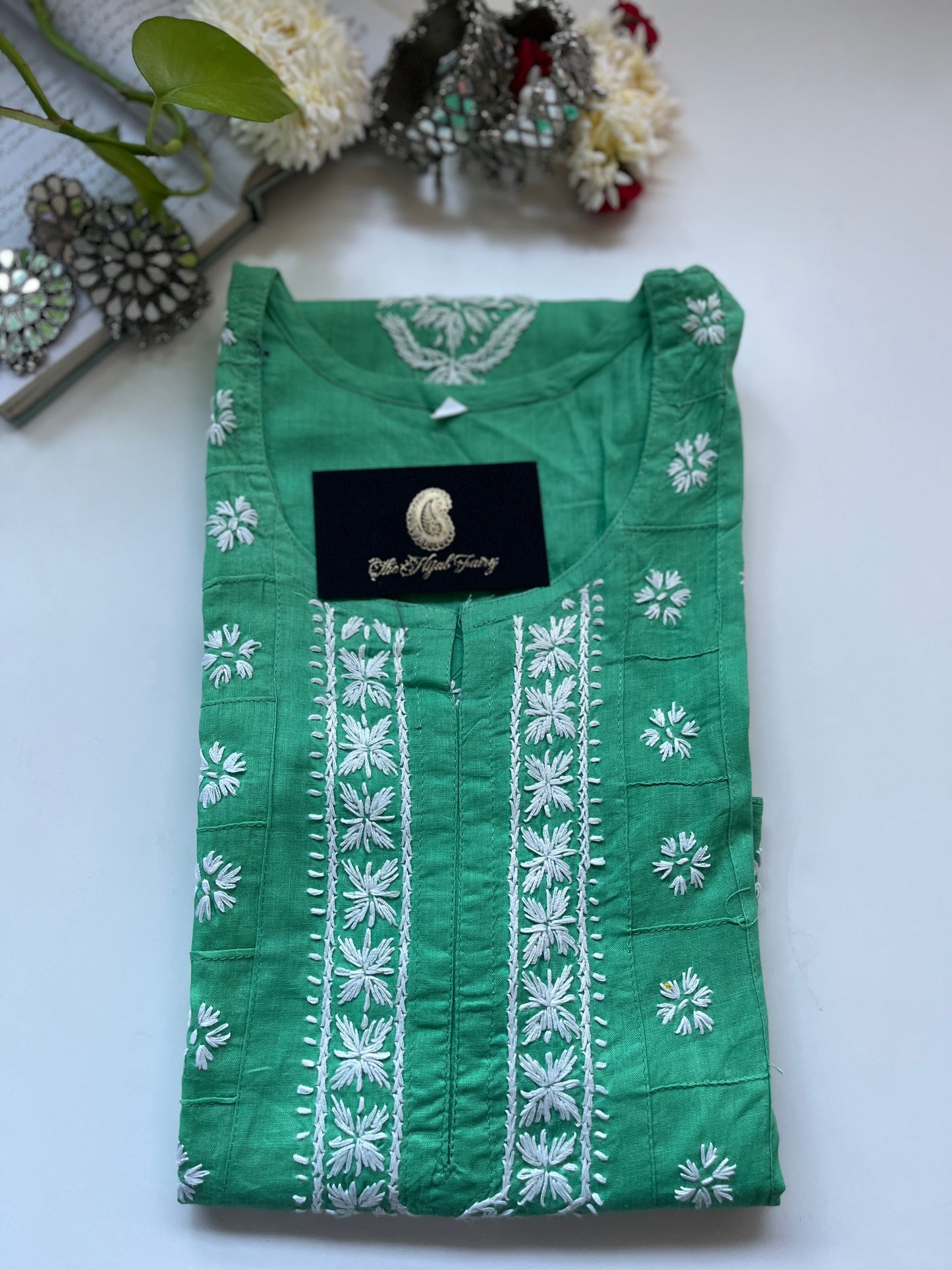 Blanc sur Vert Aqua - Kurta en Coton