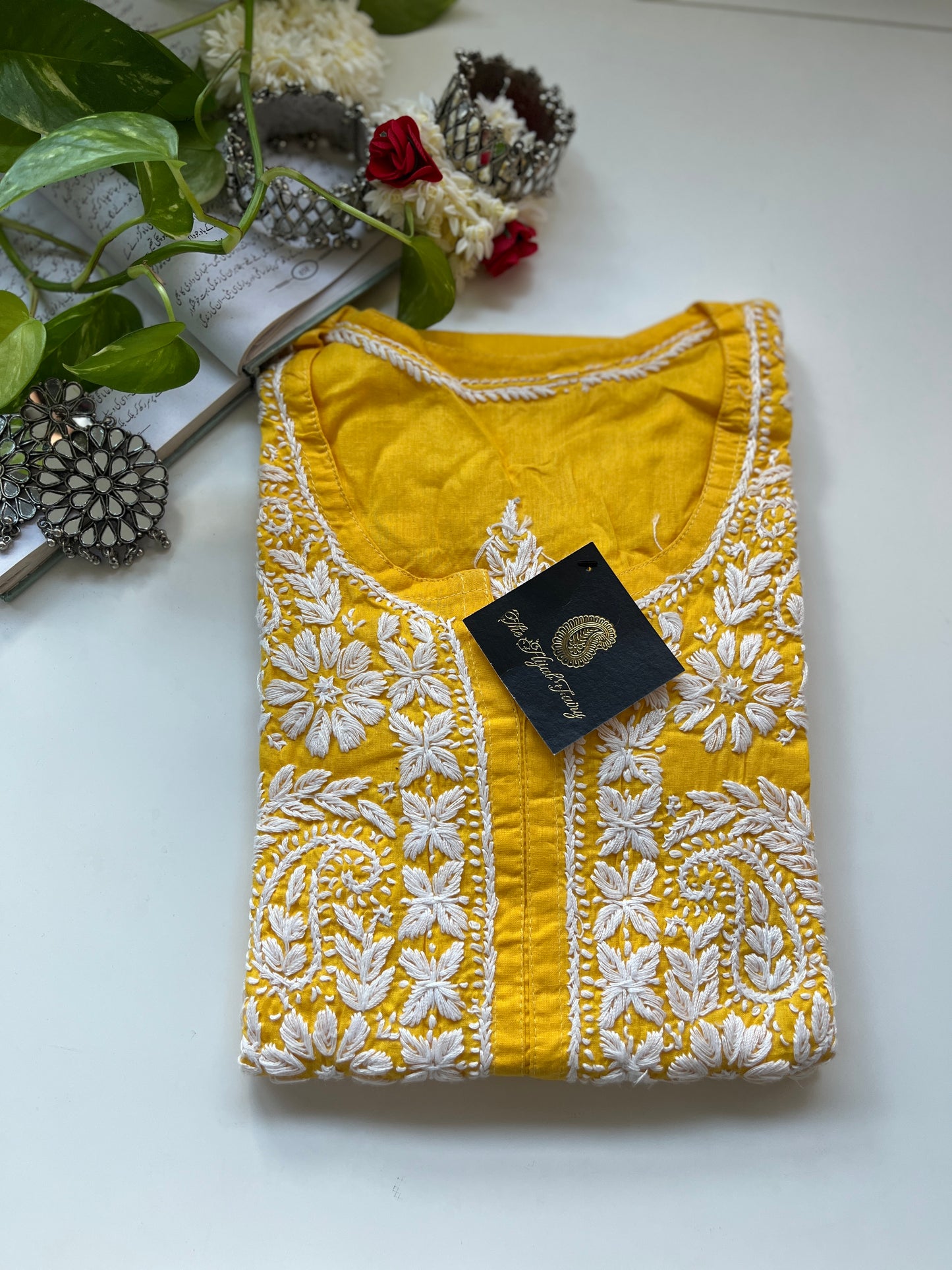 White on Mango Yellow - Cotton Kurta