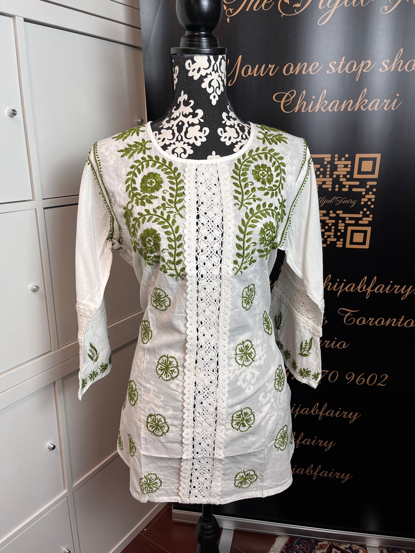 Mehendi on White - Short Cotton Chikankari Top