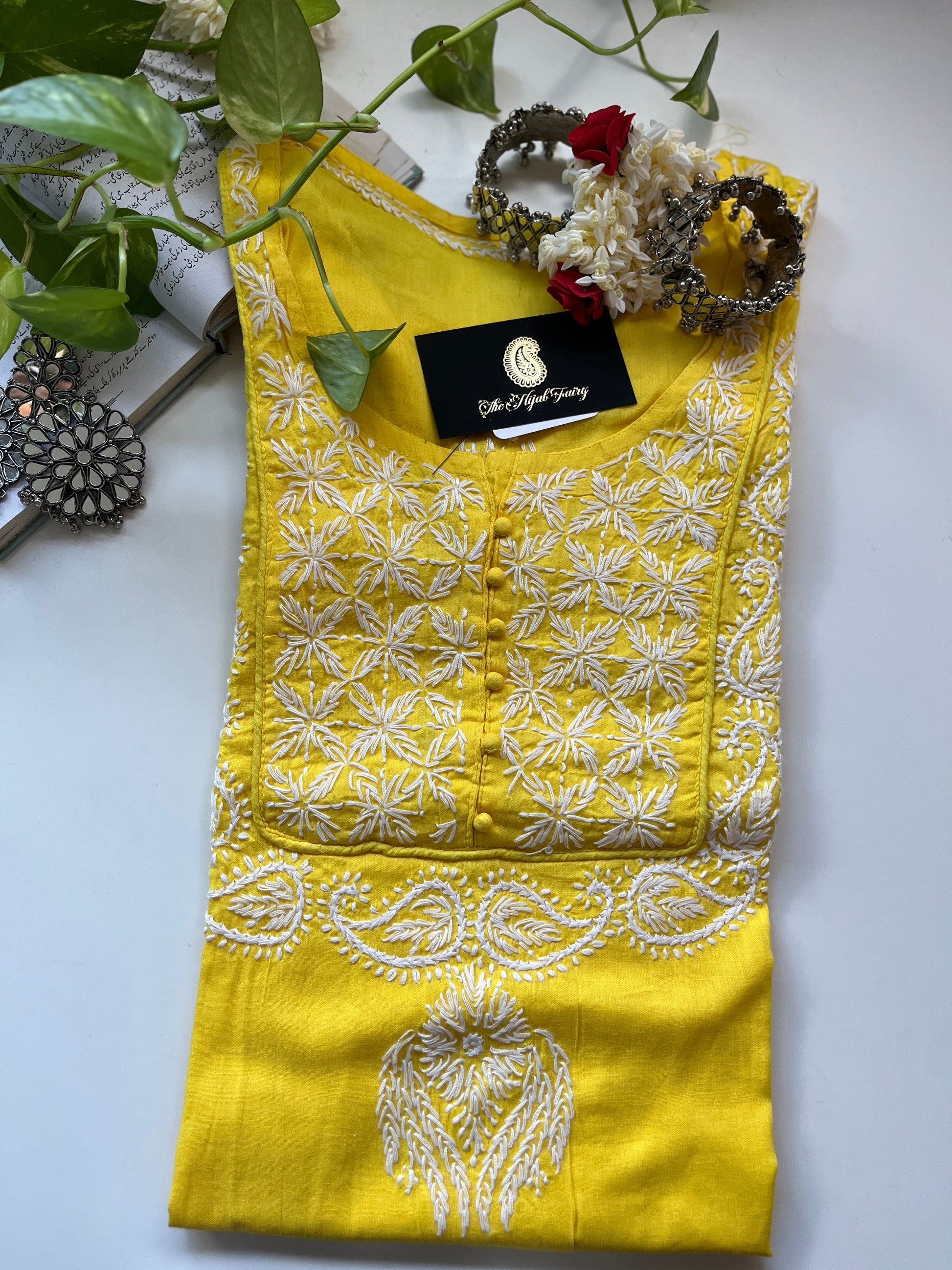 White on Yellow - Cotton Kurta - The Hijab Fairy