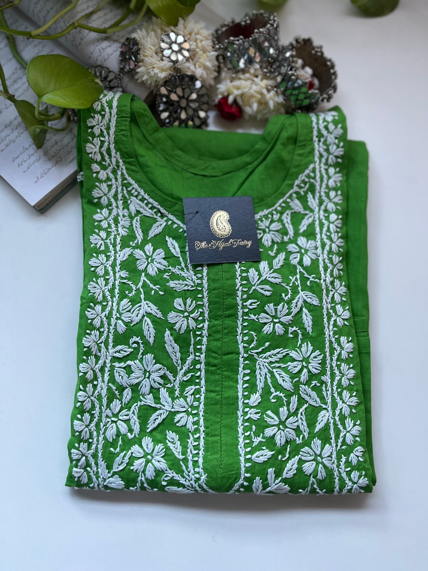 Blanc sur vert Kajol - Kurta en coton