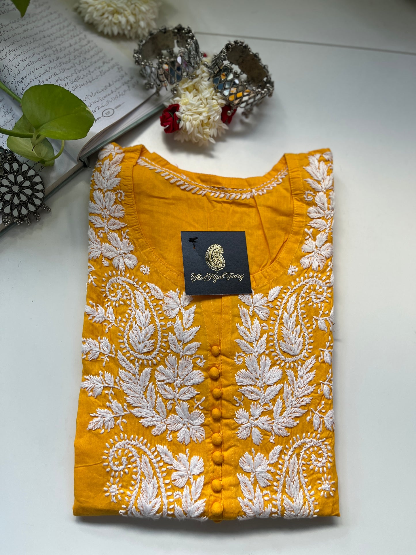 Blanc sur jaune safran - Kurta en coton