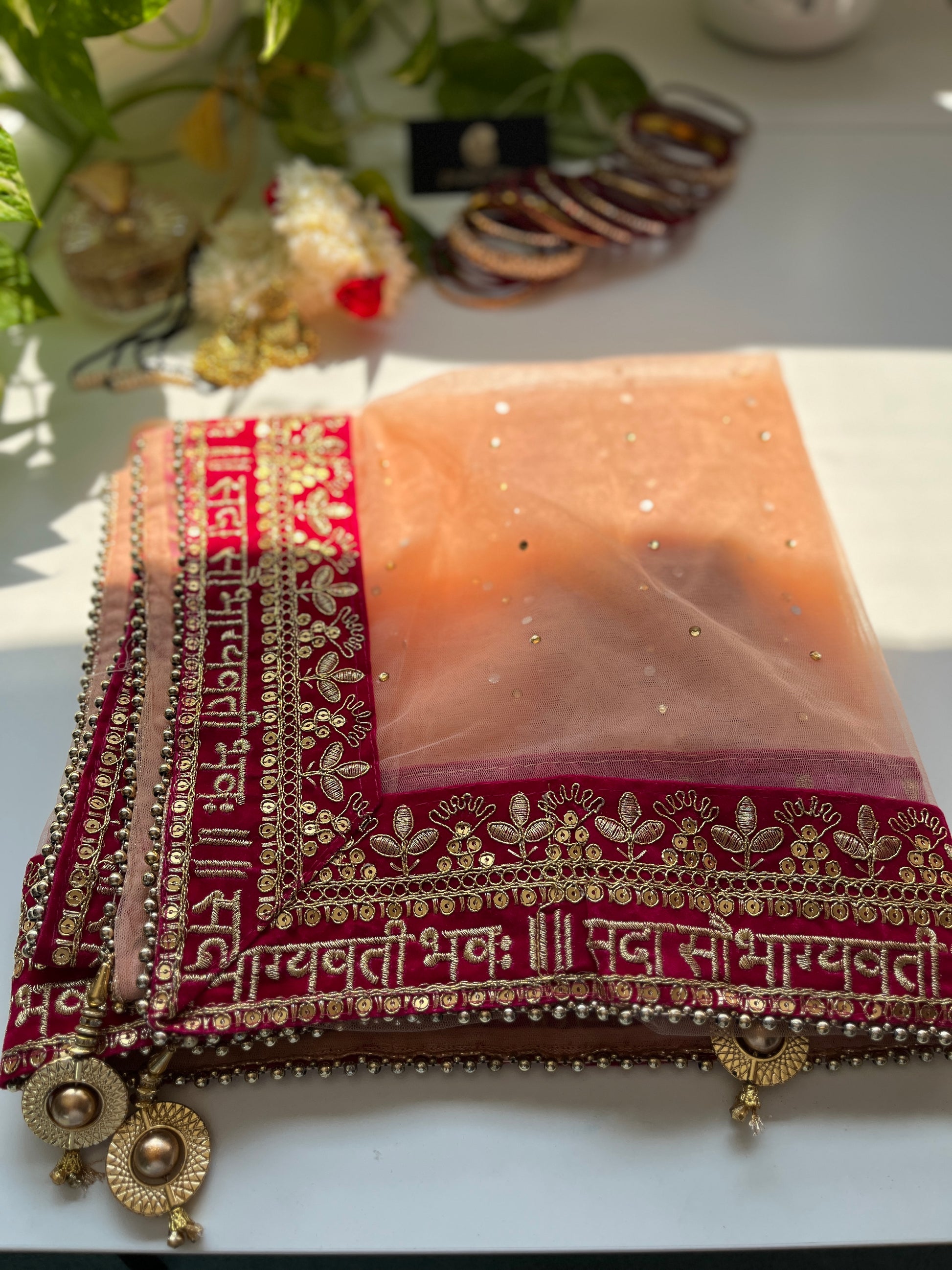 Bridal Dupatta - सदा सौभाग्यवती भव: - Peach - The Hijab Fairy