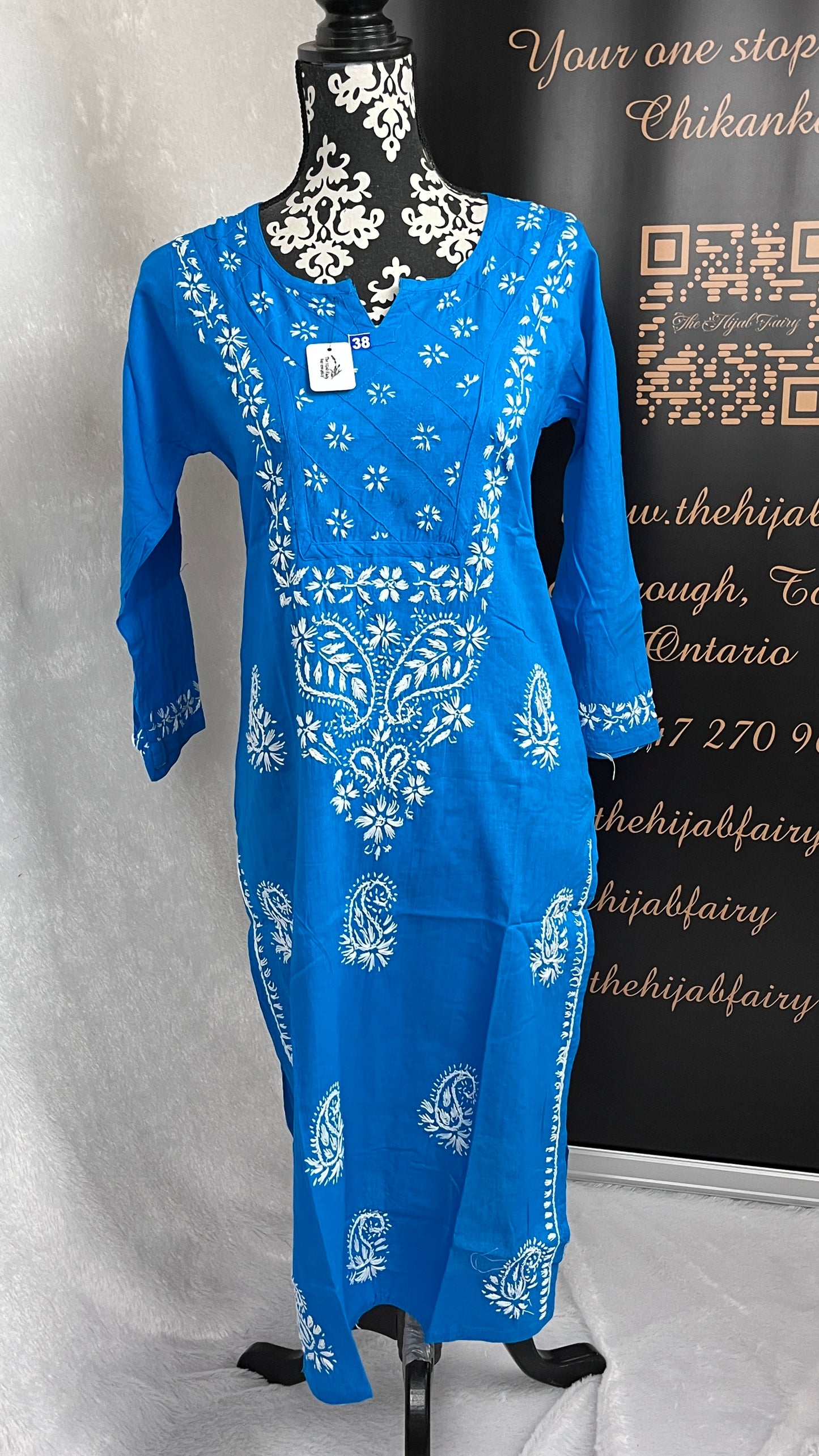 White on Blue 1 - Cotton Kurta