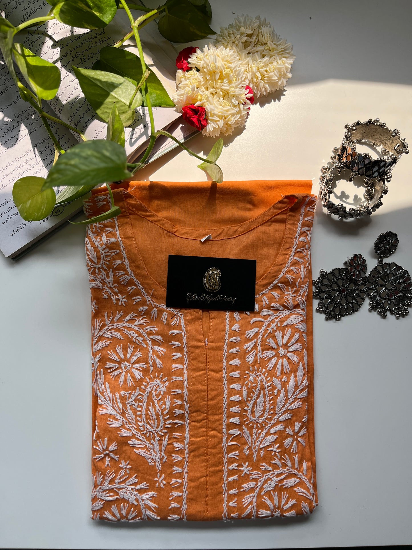 White on Orange - Cotton Kurta