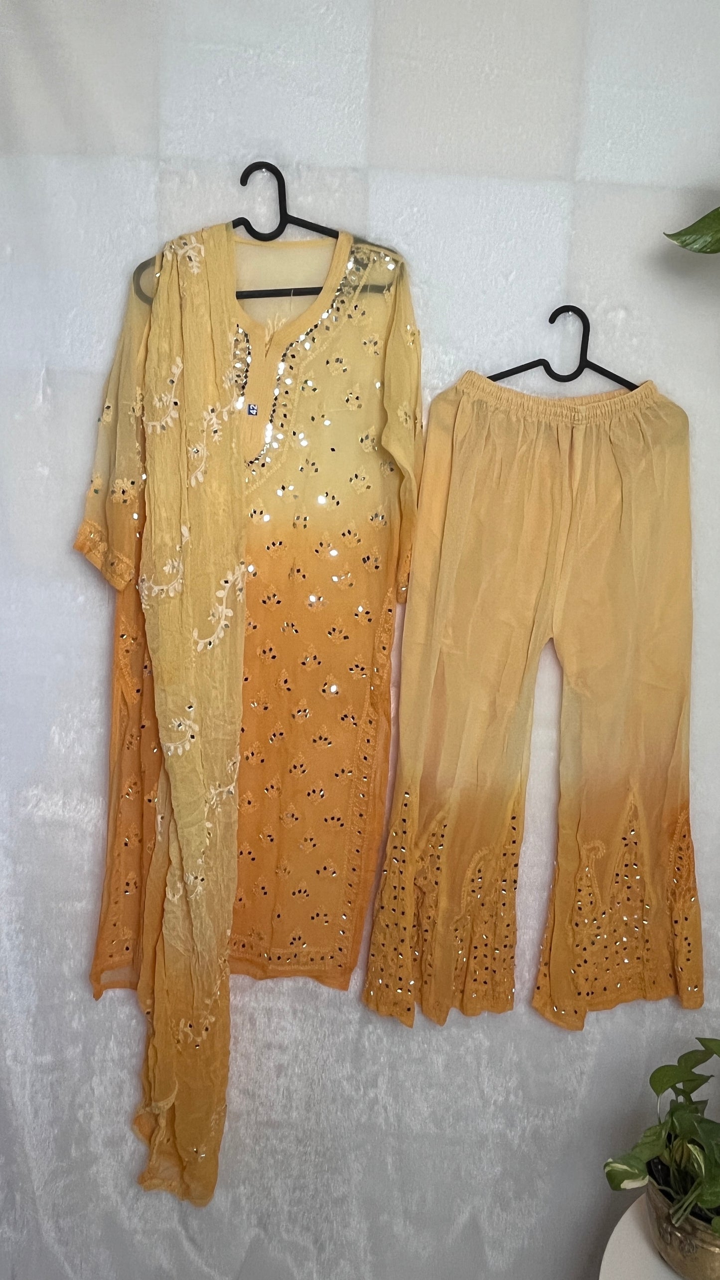 Chikankari Mirror Sharara Suit Georgette - 4 pc - Mango Ombre - The Hijab Fairy