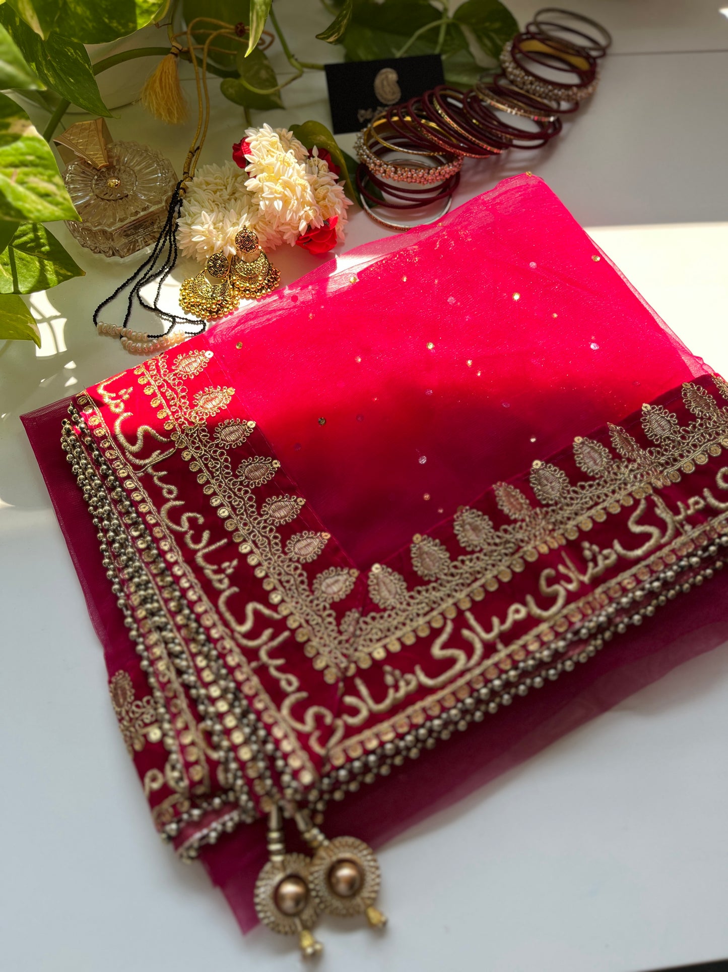 Bridal Dupatta - شادی مبارک - Magenta - The Hijab Fairy