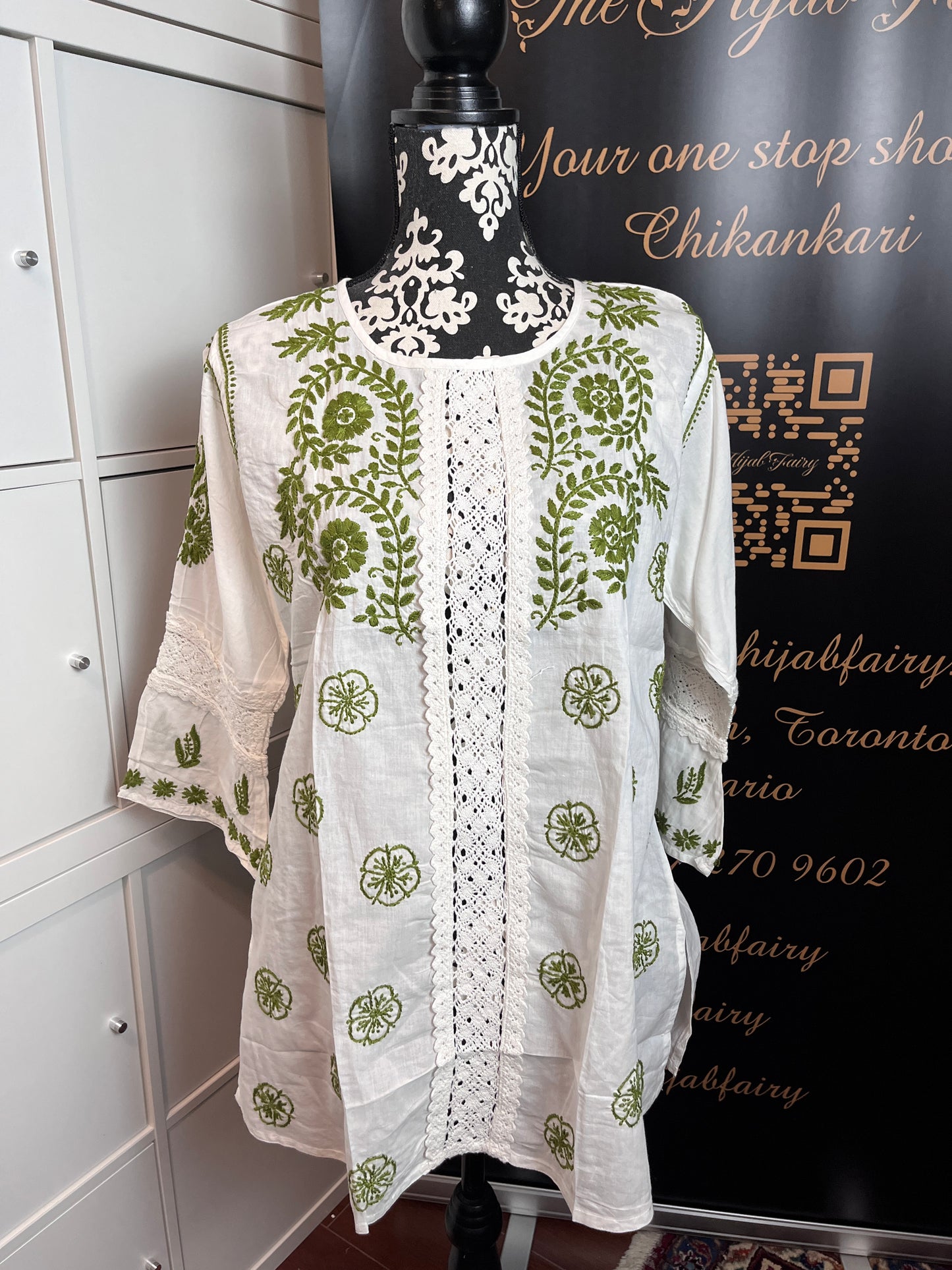 Mehendi on White - Short Cotton Chikankari Top