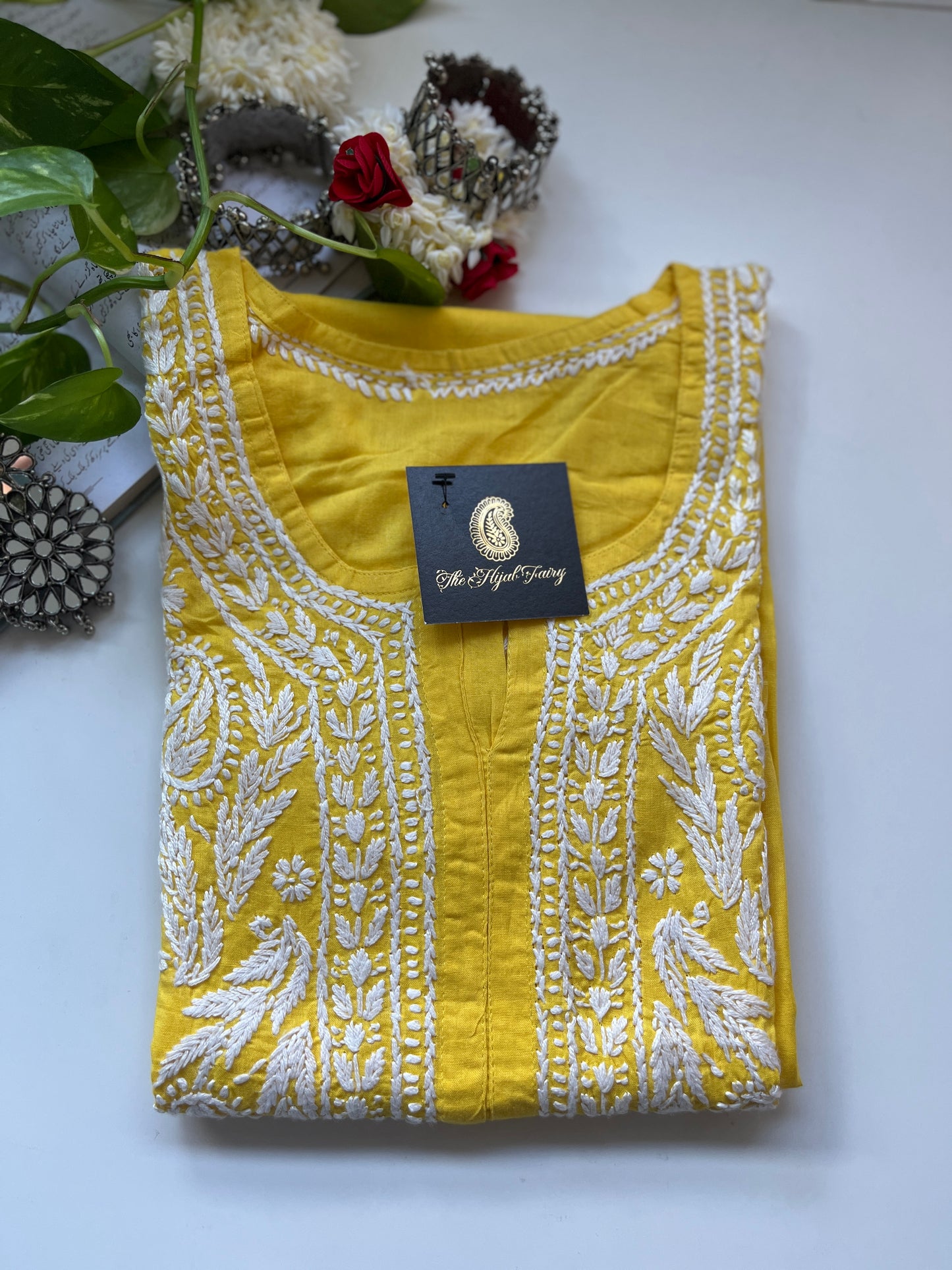 White on Yellow - Cotton Kurta - The Hijab Fairy