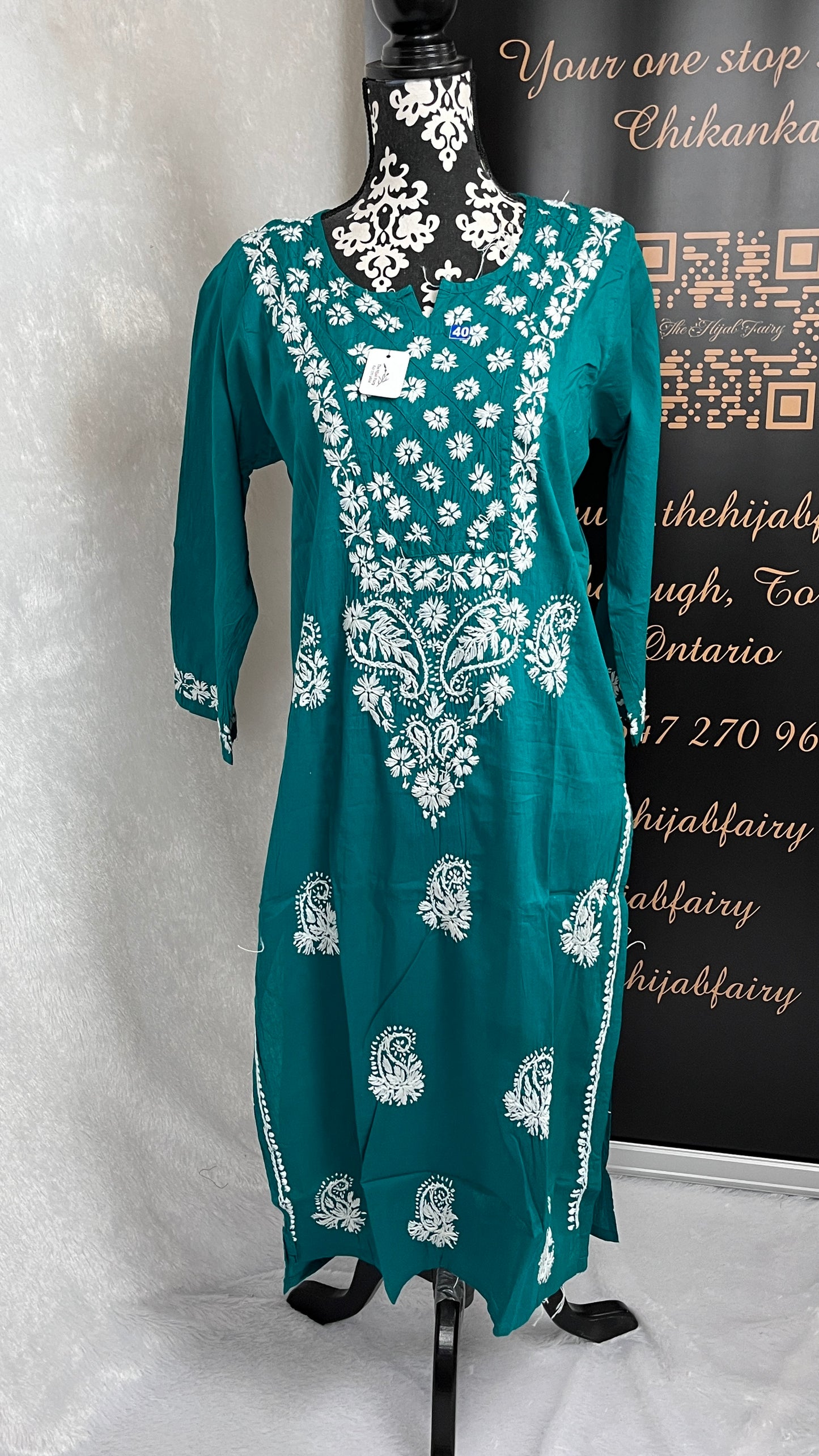 White on Drama Green - Cotton Kurta - The Hijab Fairy