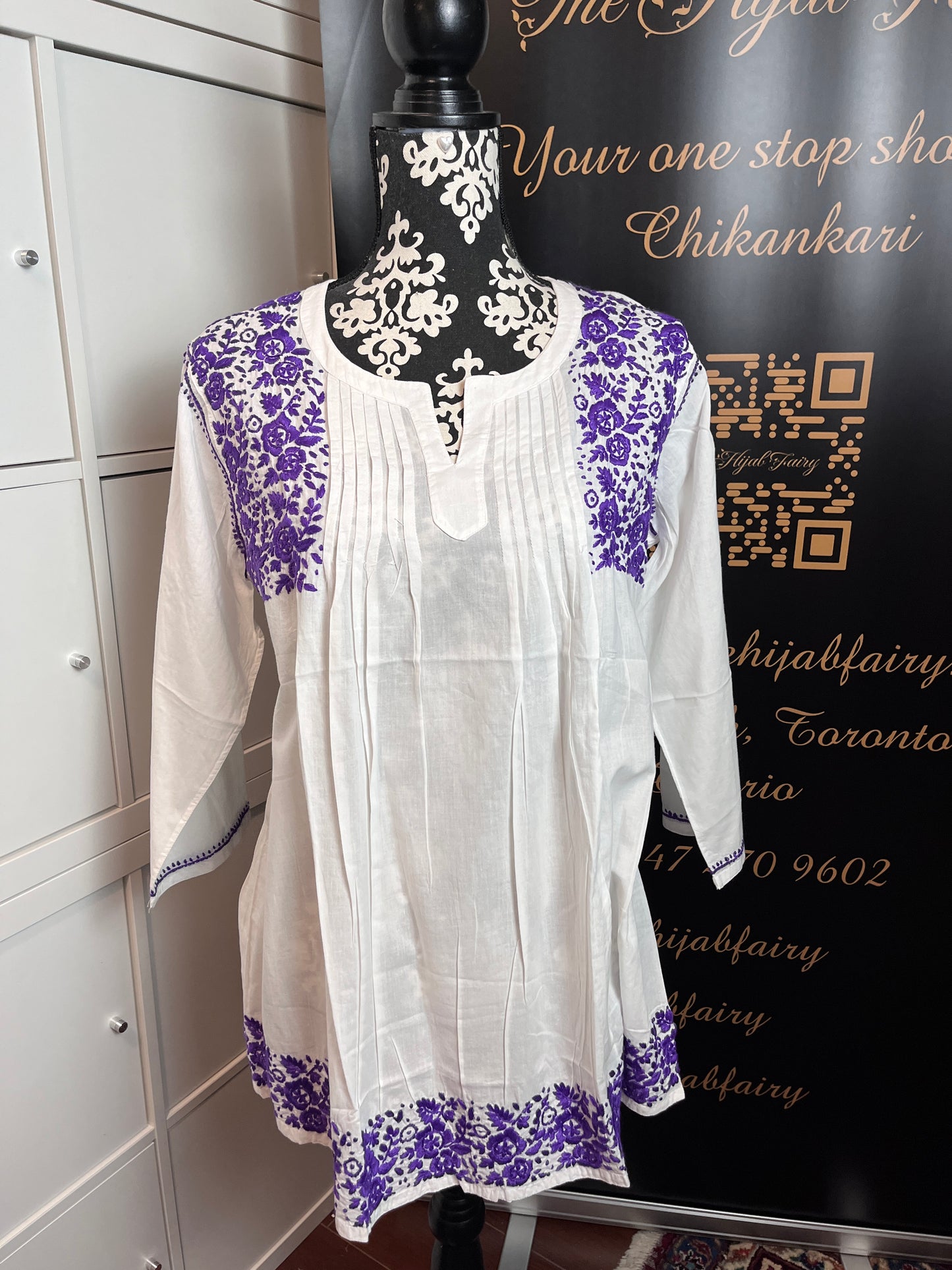 Purple on White - Short Cotton Chikankari Top - A