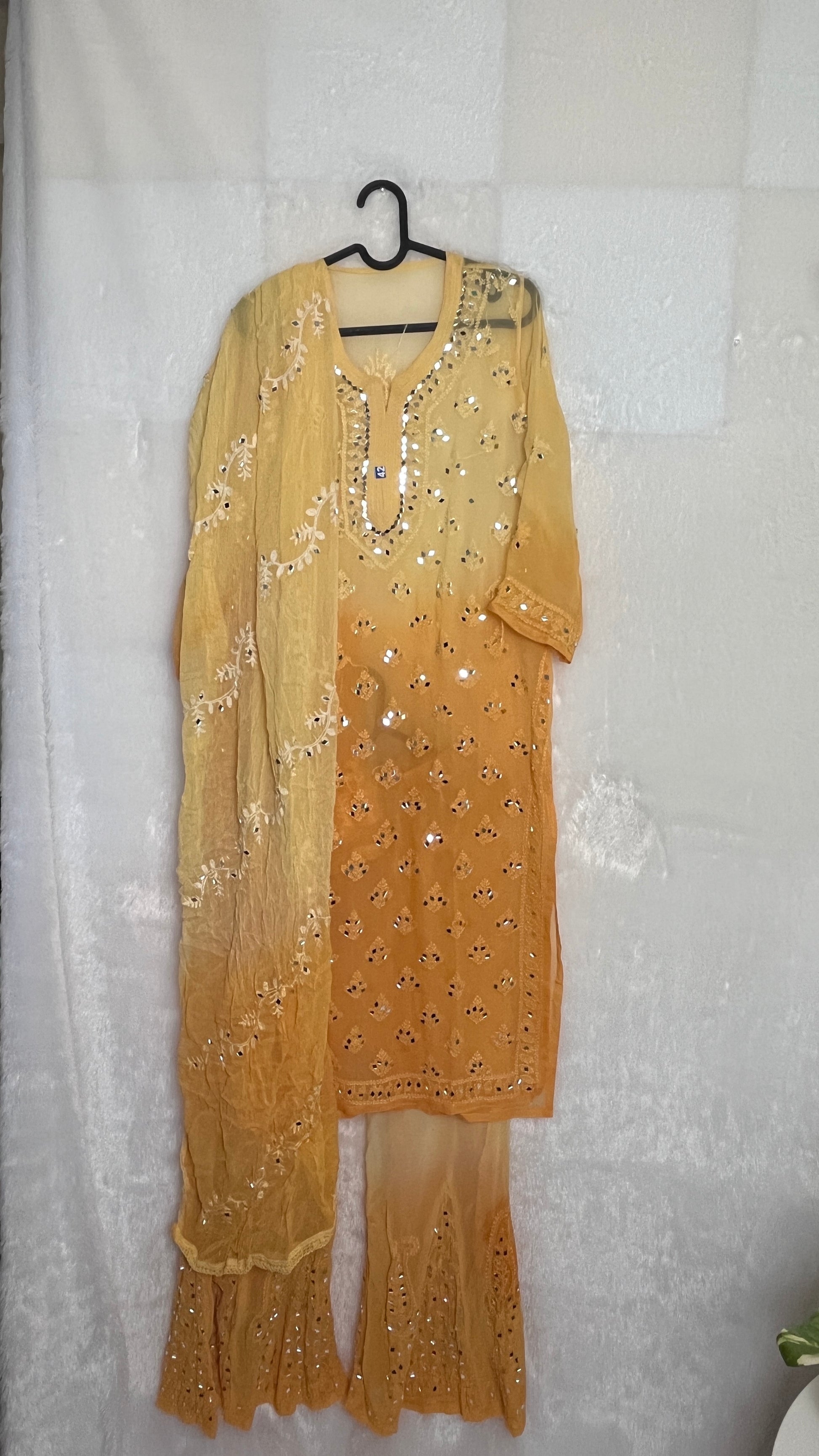 Chikankari Mirror Sharara Suit Georgette - 4 pc - Mango Ombre - The Hijab Fairy