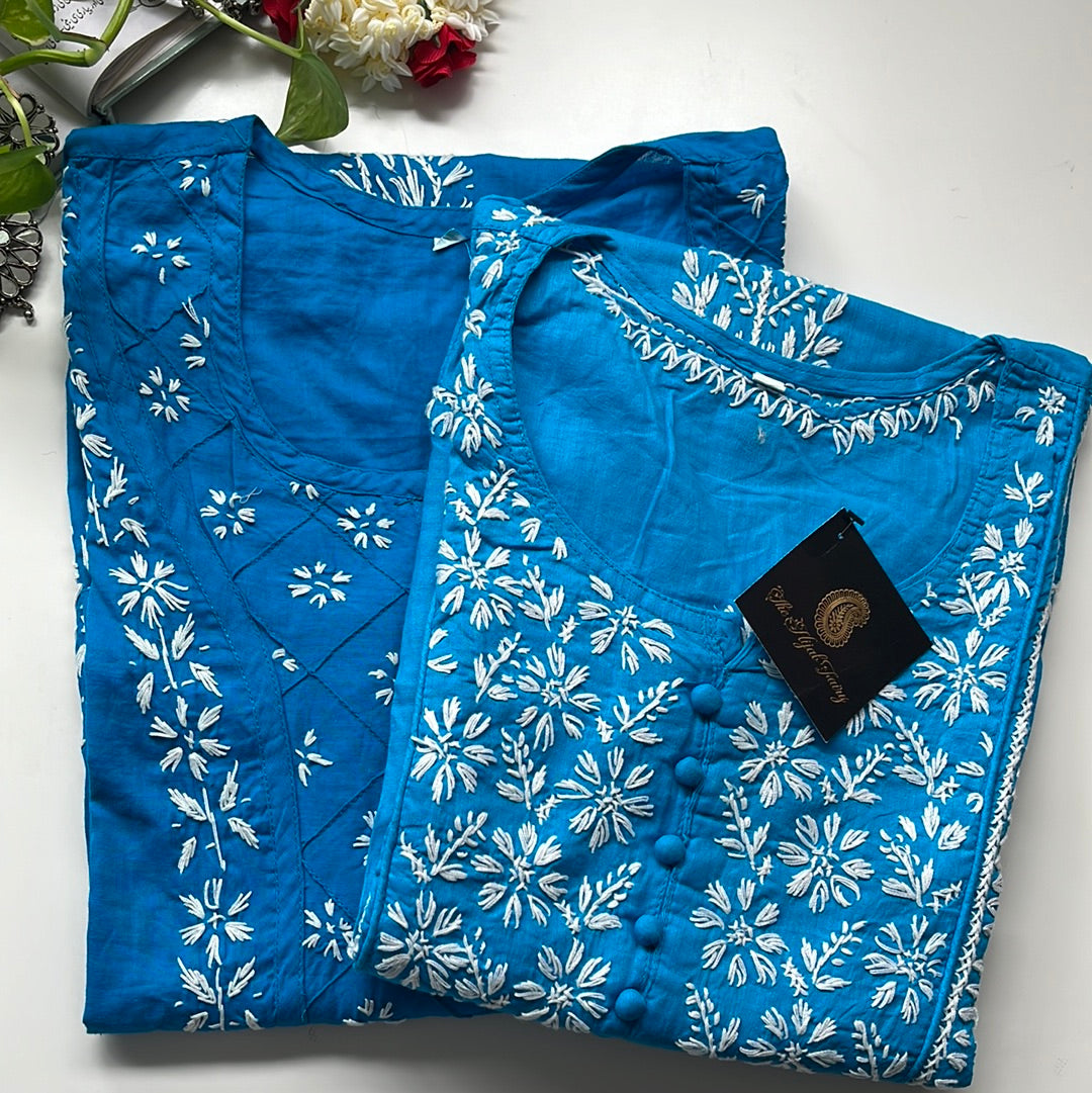 White on Blue 3 - Cotton Kurta - The Hijab Fairy