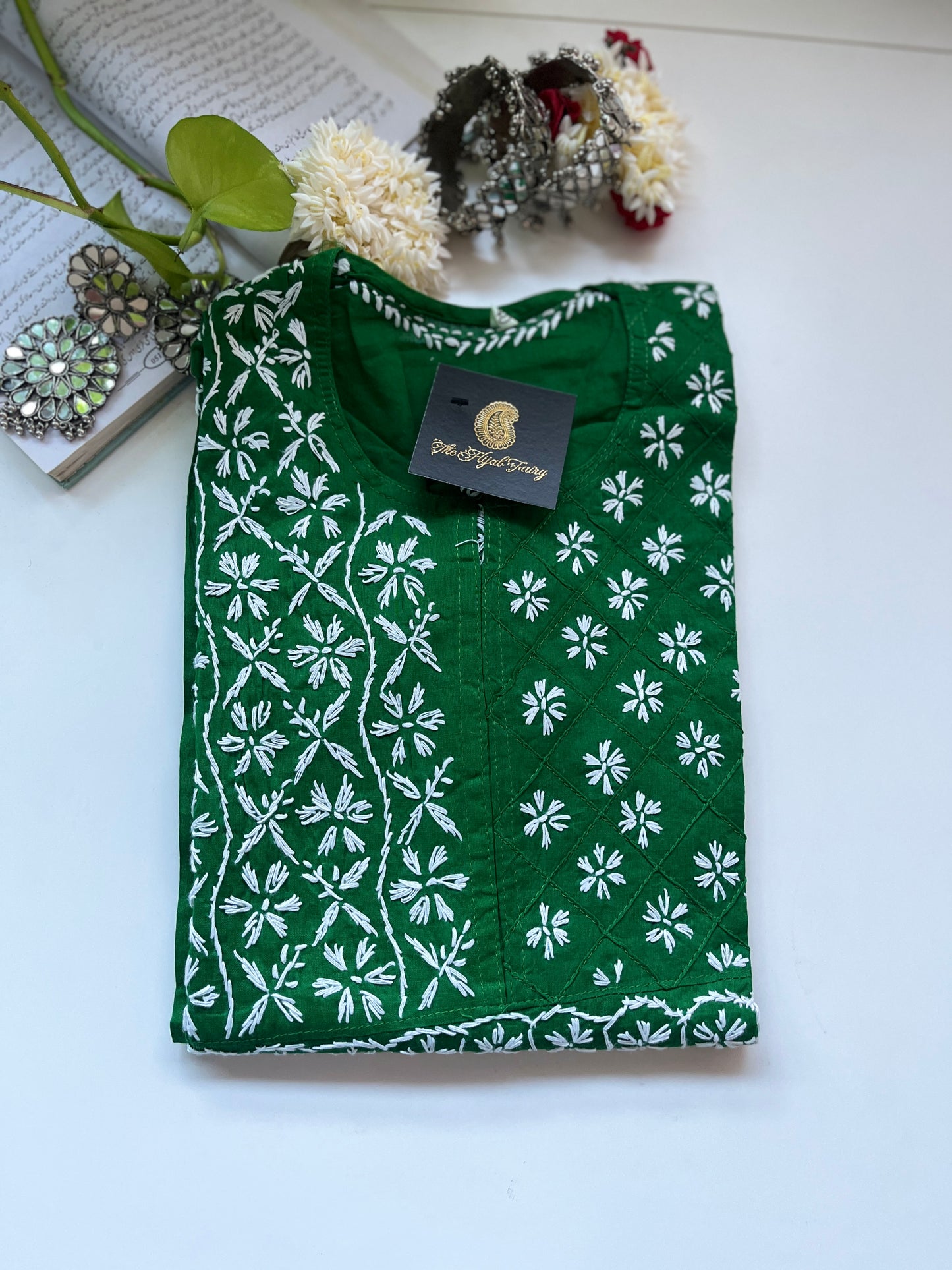 White on Leaf Green - Cotton Kurta